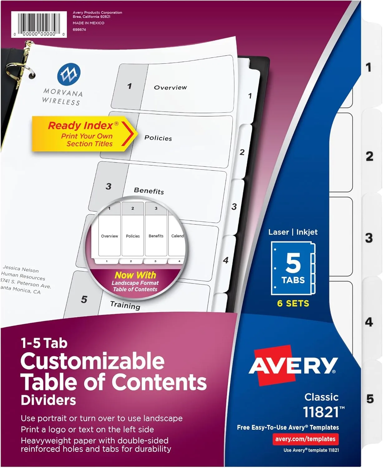 Avery Dividers for 3 Ring Binders, 5 Tabs per Set, Customizable Table of Contents, Classic White Tabs (6 Sets)