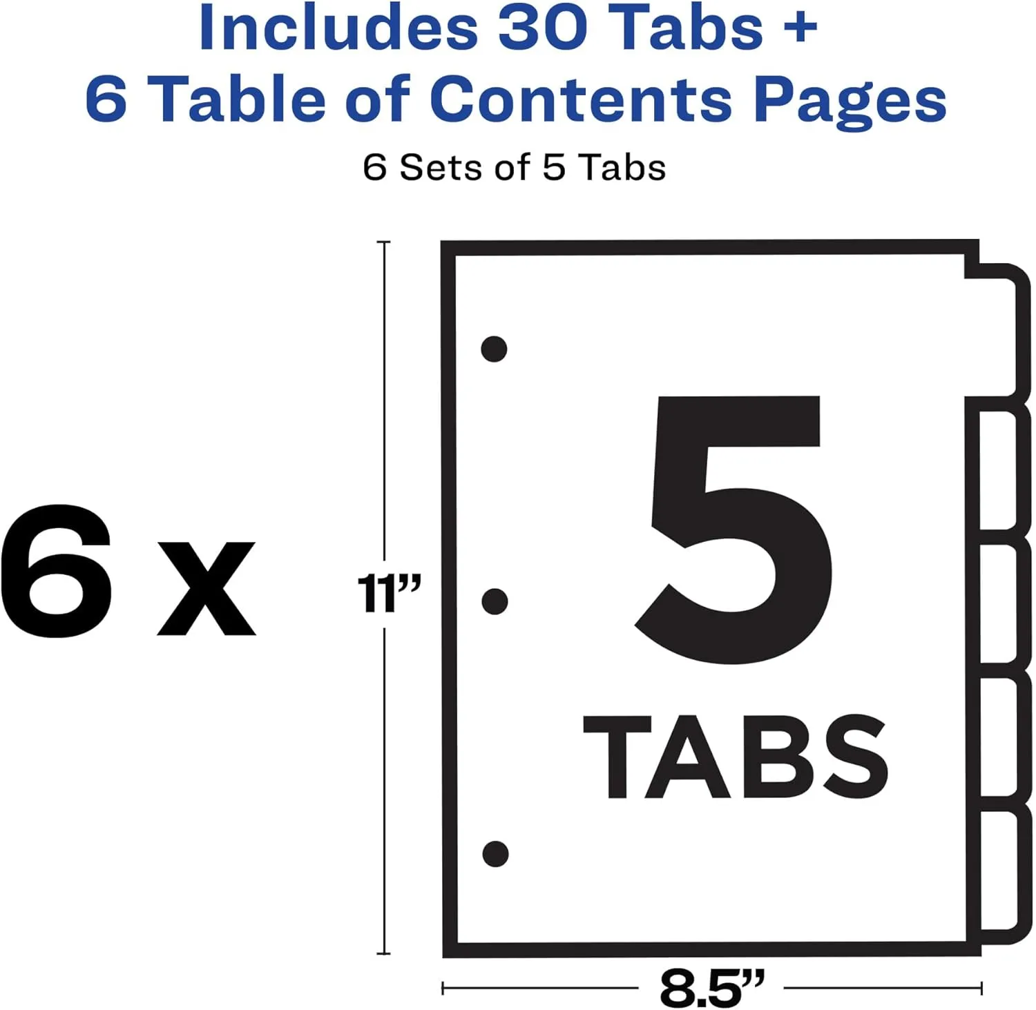 Avery Dividers for 3 Ring Binders, 5 Tabs per Set, Customizable Table of Contents, Classic White Tabs (6 Sets)