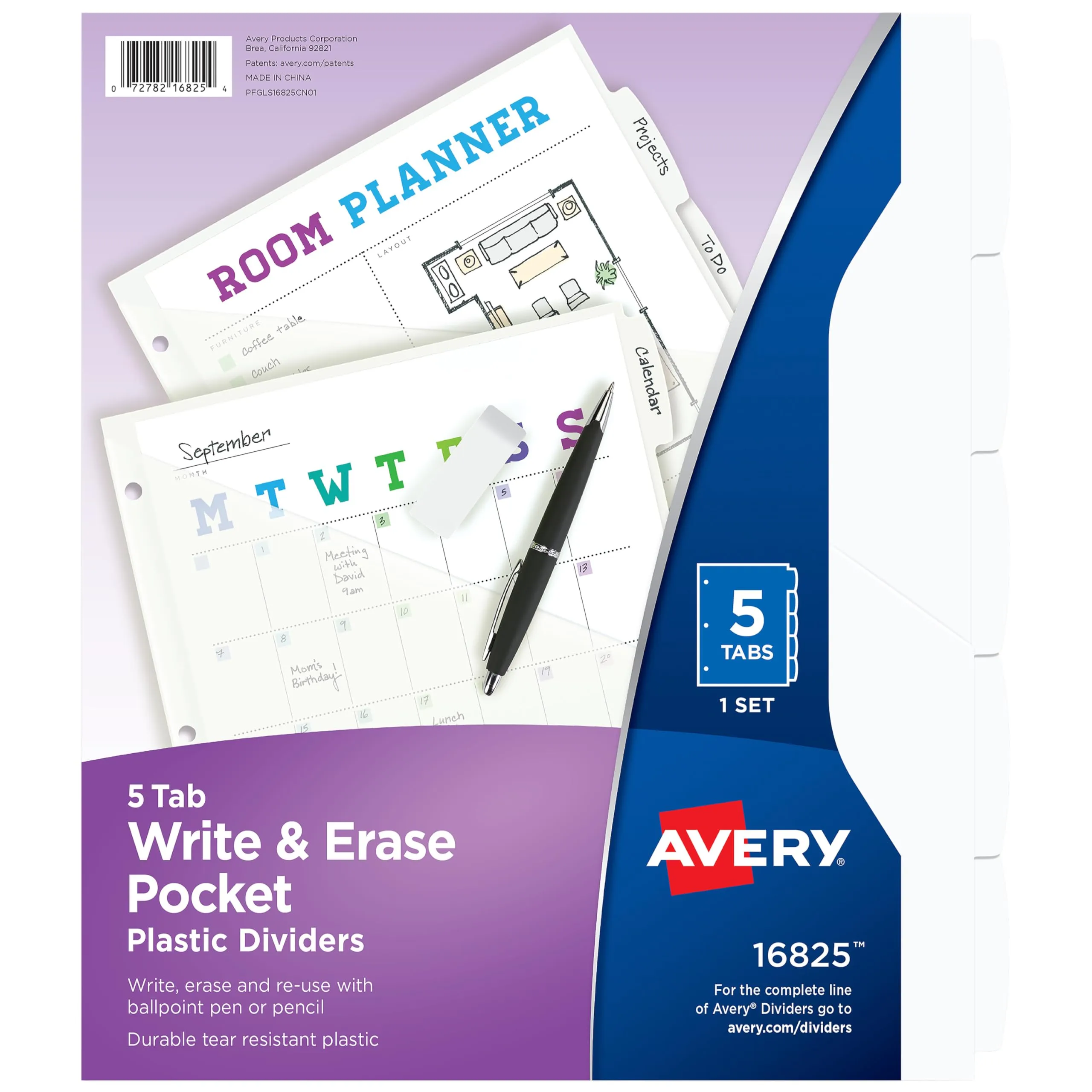 Avery Durable Plastic 5 Tab Write & Erase Dividers for 3 Ring Binders, Slash Pocket, Translucent White, 1 Set (16825)