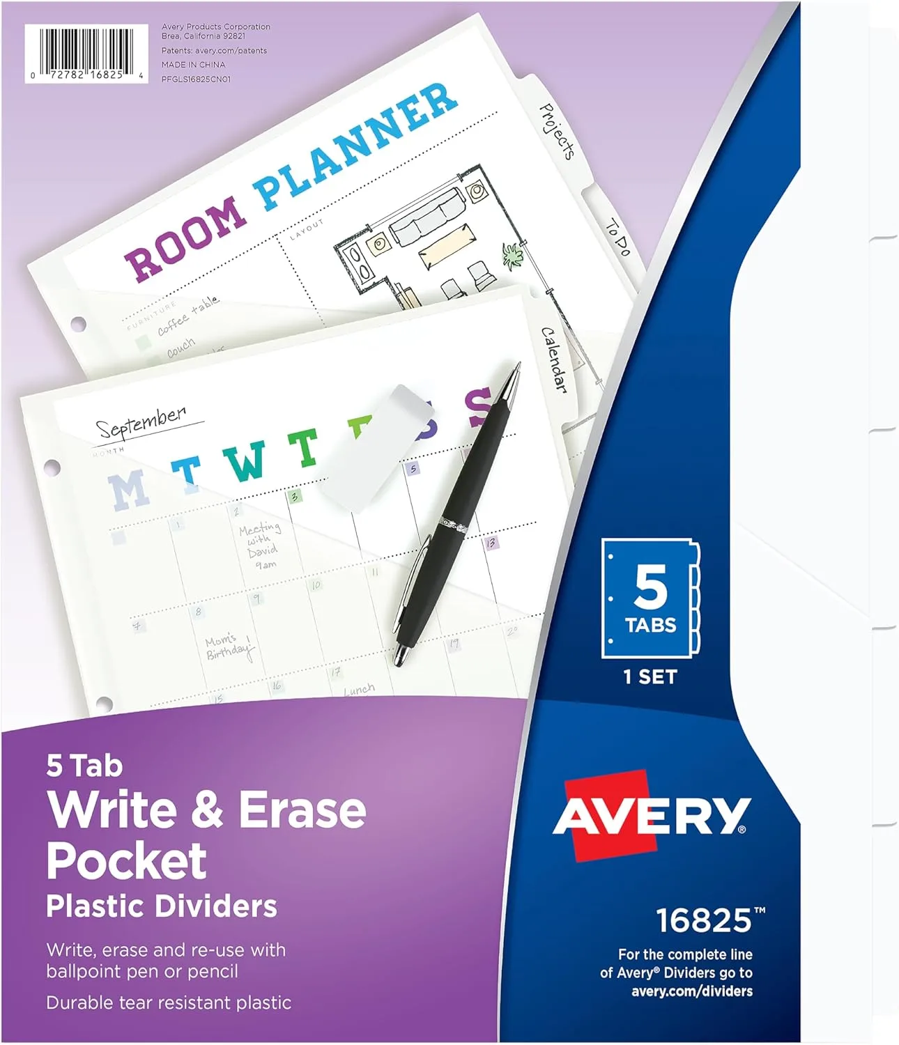 Avery Durable Plastic 5 Tab Write & Erase Dividers for 3 Ring Binders, Slash Pocket, Translucent White, 1 Set (16825)