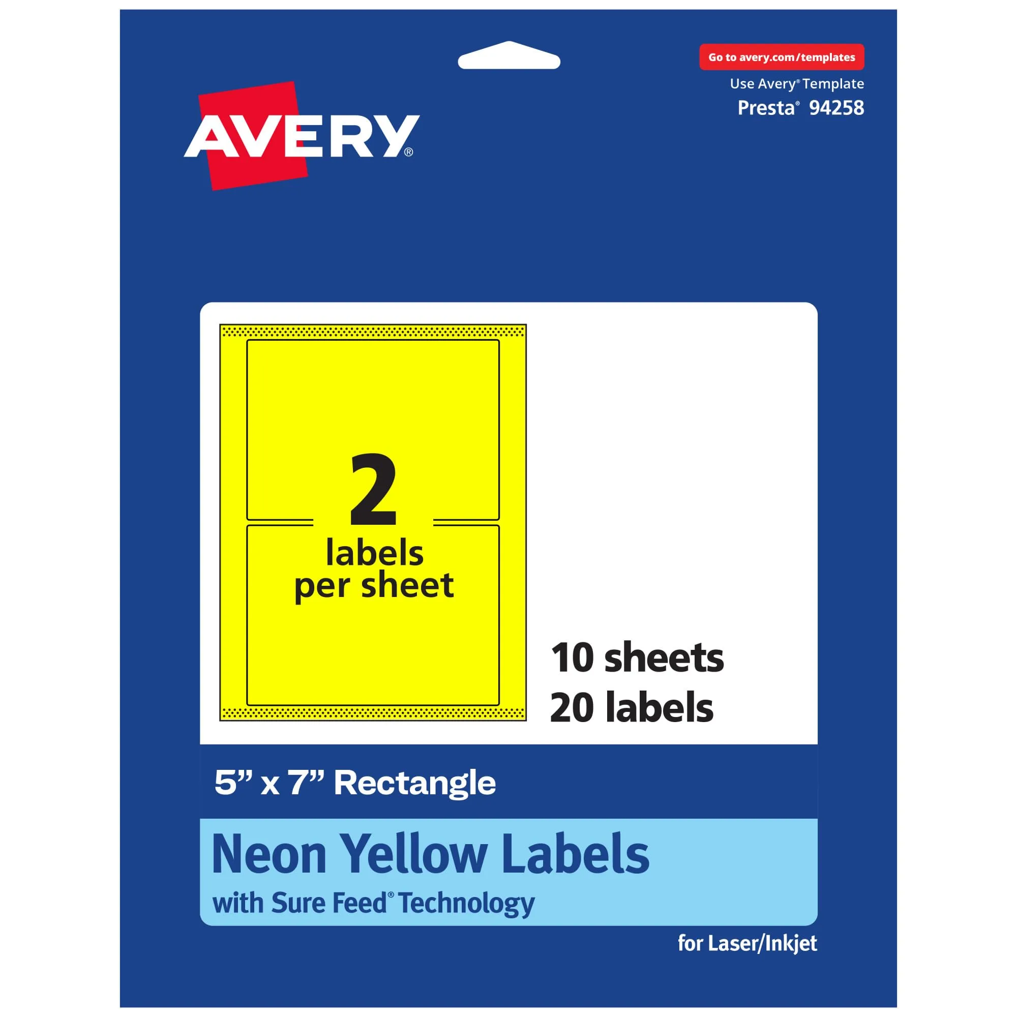 Avery Printable Rectangle Labels, Sure Feed Technology, 5" x 7", Neon Yellow Labels, Laser/Inkjet Printable, 20 Total