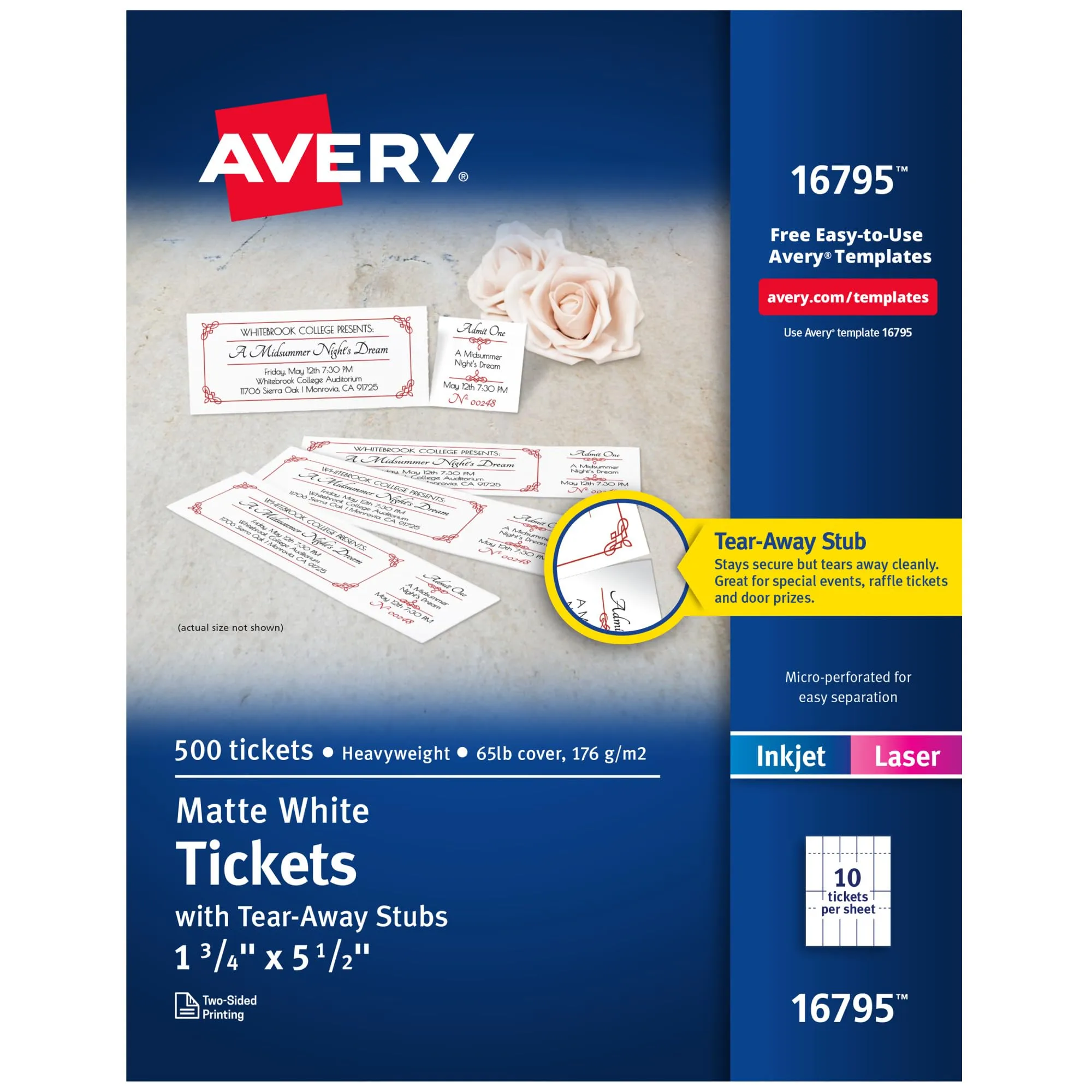 Avery Printable Tickets with Tear-Away Stubs, 1.75" x 5.5", Matte White, 500 Blank Tickets for Laser and Inkjet Printers (16795) 0 500 tickets