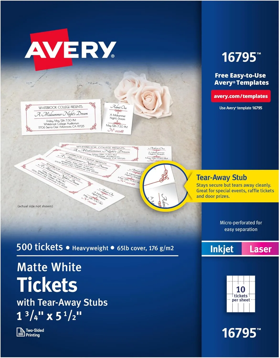 Avery Printable Tickets with Tear-Away Stubs, 1.75" x 5.5", Matte White, 500 Blank Tickets for Laser and Inkjet Printers (16795) 0 500 tickets