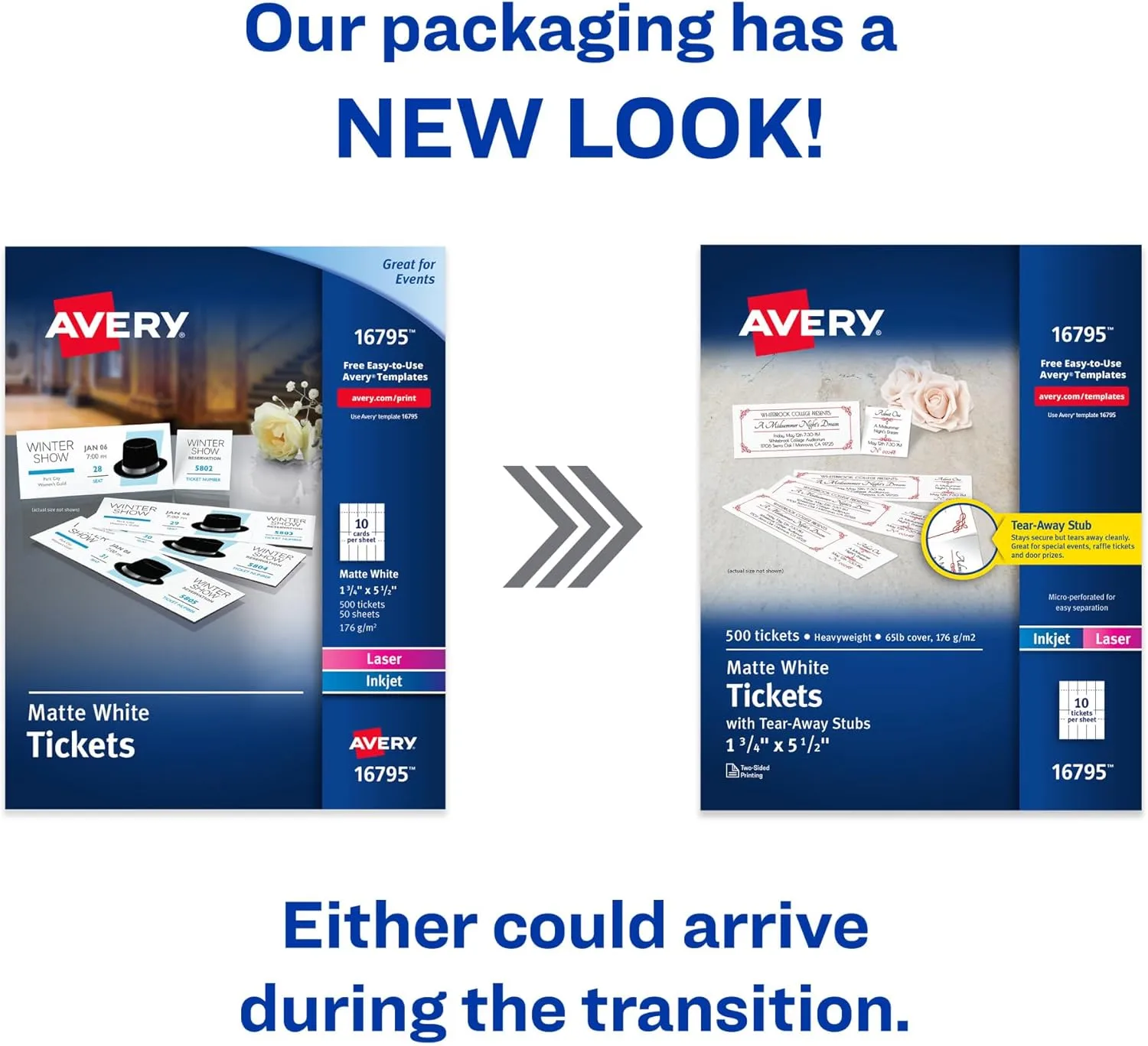 Avery Printable Tickets with Tear-Away Stubs, 1.75" x 5.5", Matte White, 500 Blank Tickets for Laser and Inkjet Printers (16795) 0 500 tickets