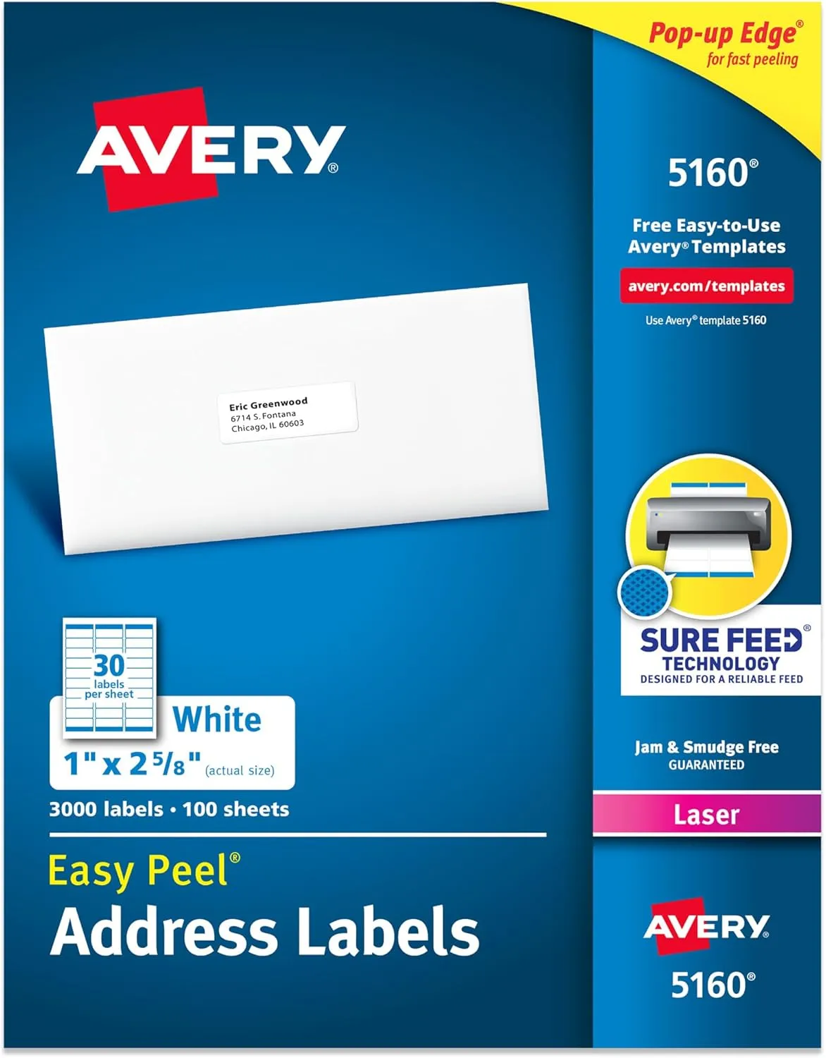 Avery Easy Peel Printable Address Labels with Sure Feed, 1" x 2-5/8" Customizable Stickers, White, 3