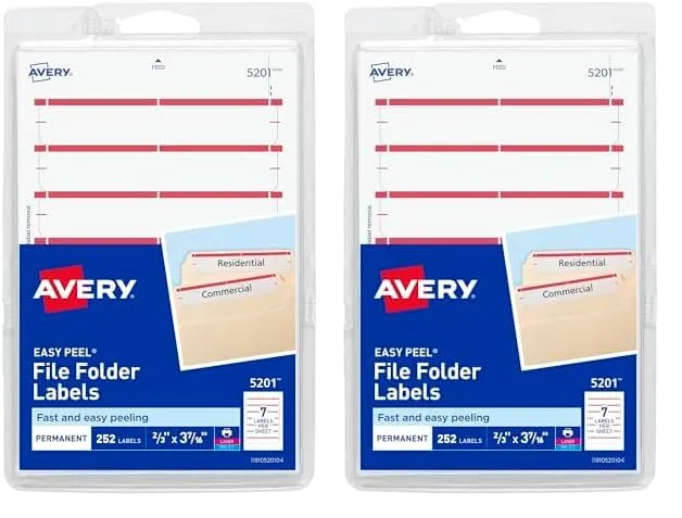 Avery File Folder Labels on 4" x 6" Easy Peel Sheets, White with Dark Red Bar, 2/3" x 3-7/16", 252 Labels (5201)