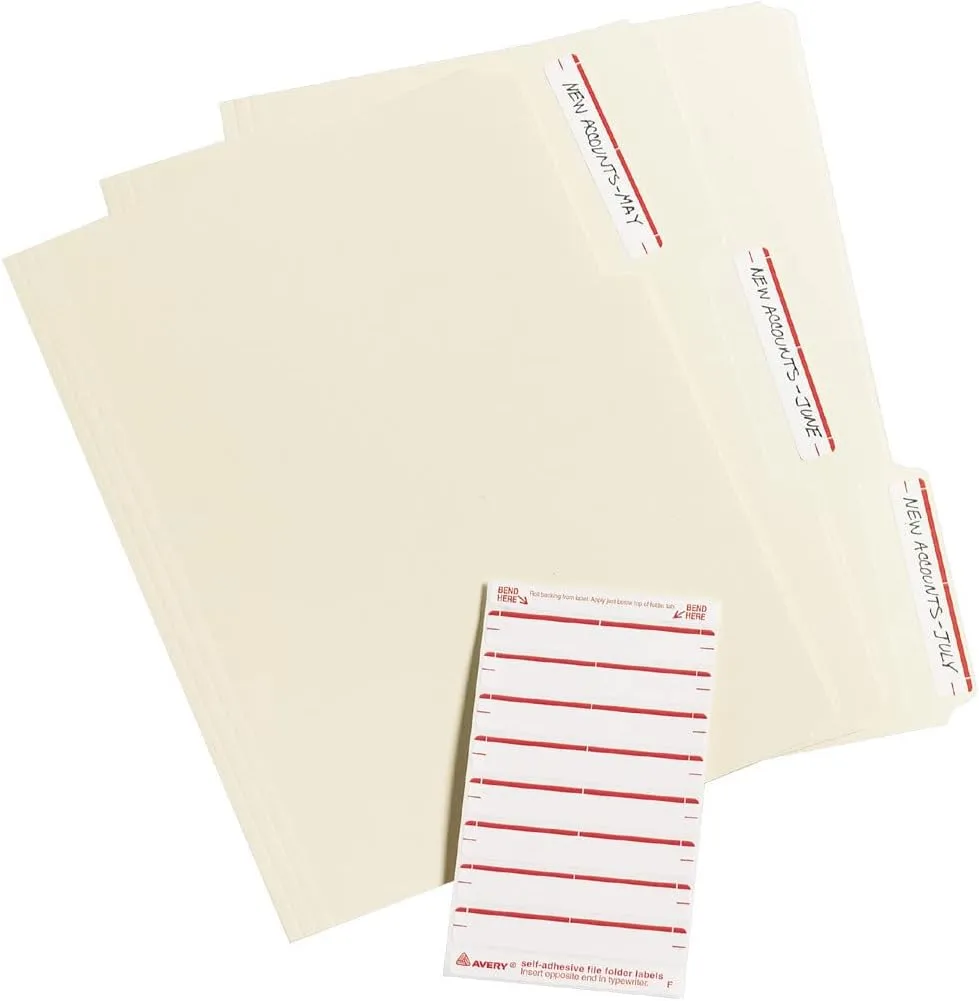 Avery File Folder Labels on 4" x 6" Easy Peel Sheets, White with Dark Red Bar, 2/3" x 3-7/16", 252 Labels (5201)