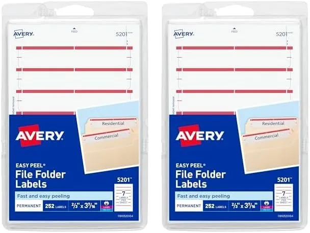 Avery File Folder Labels on 4" x 6" Easy Peel Sheets, White with Dark Red Bar, 2/3" x 3-7/16", 252 Labels (5201)
