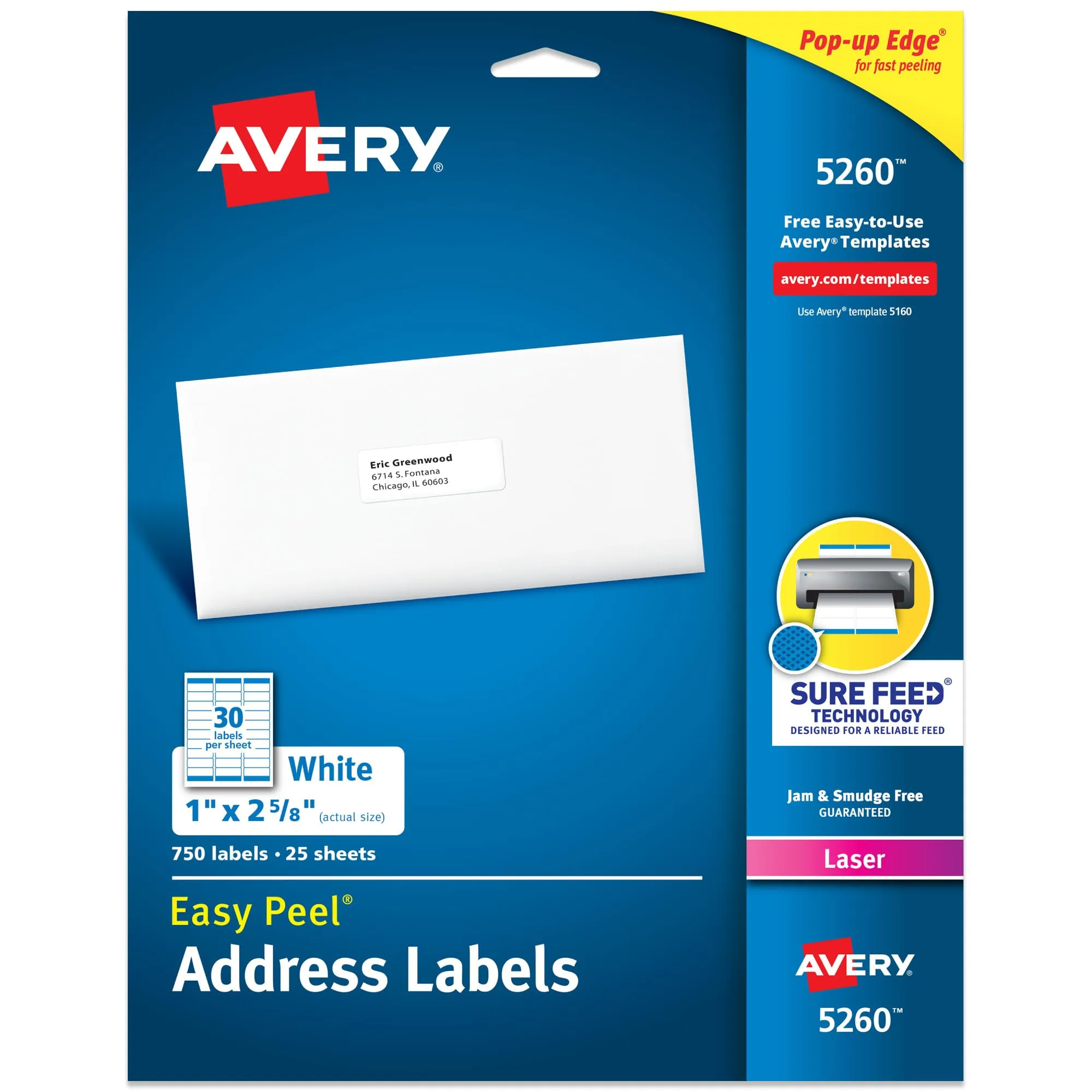 Avery Easy Peel Printable Address Labels with Sure Feed, 1" x 2-5/8", 750 Labels (5260)