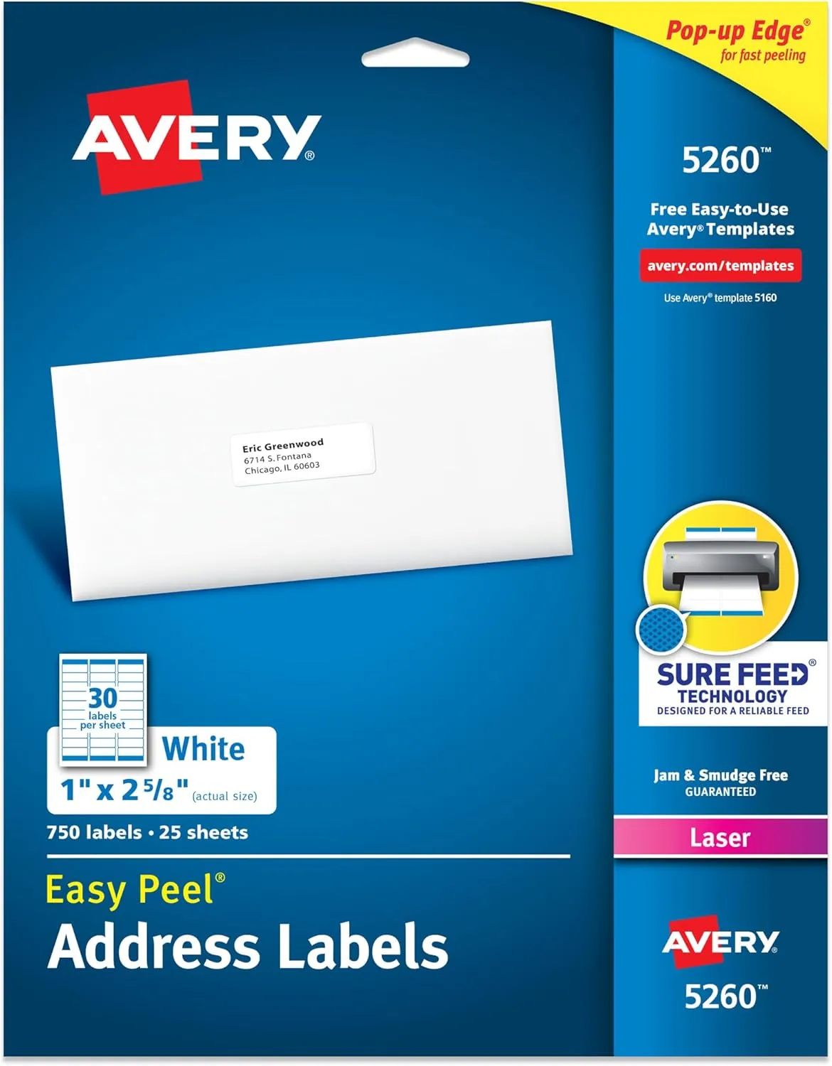 Avery Easy Peel Printable Address Labels with Sure Feed, 1" x 2-5/8", 750 Labels (5260)