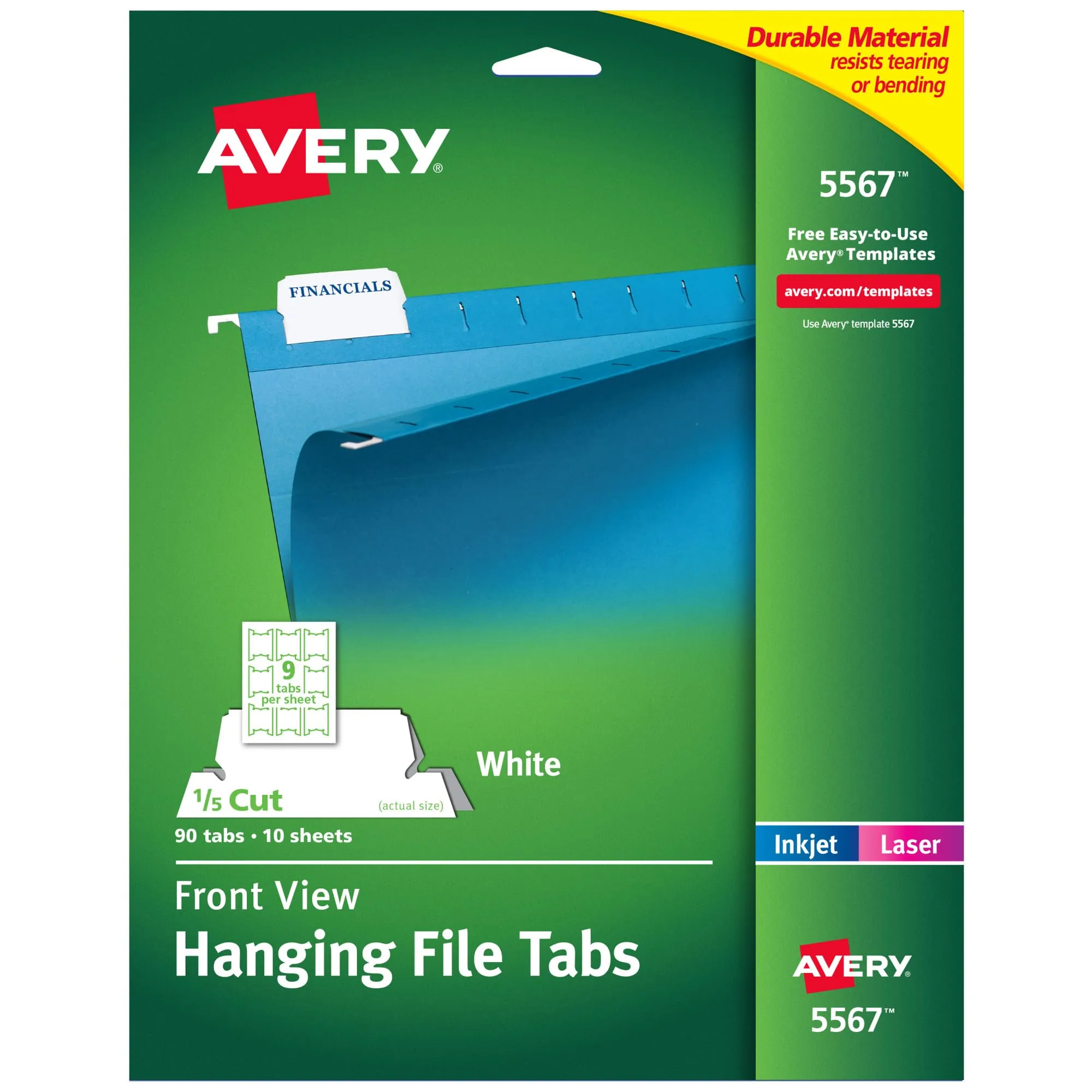 Avery Printable Hanging File Folder Tabs, 1/5 Cut, White, 90 Total (5567) 1 pack