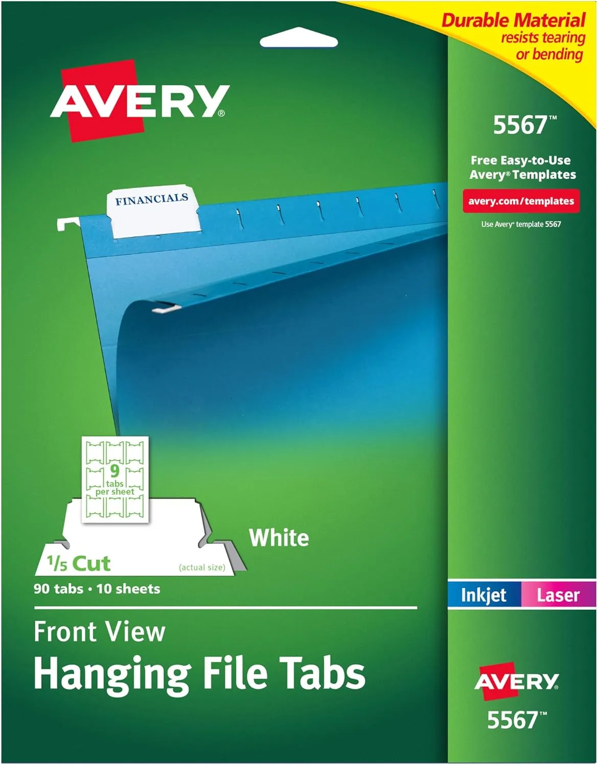 Avery Printable Hanging File Folder Tabs, 1/5 Cut, White, 90 Total (5567) 1 pack