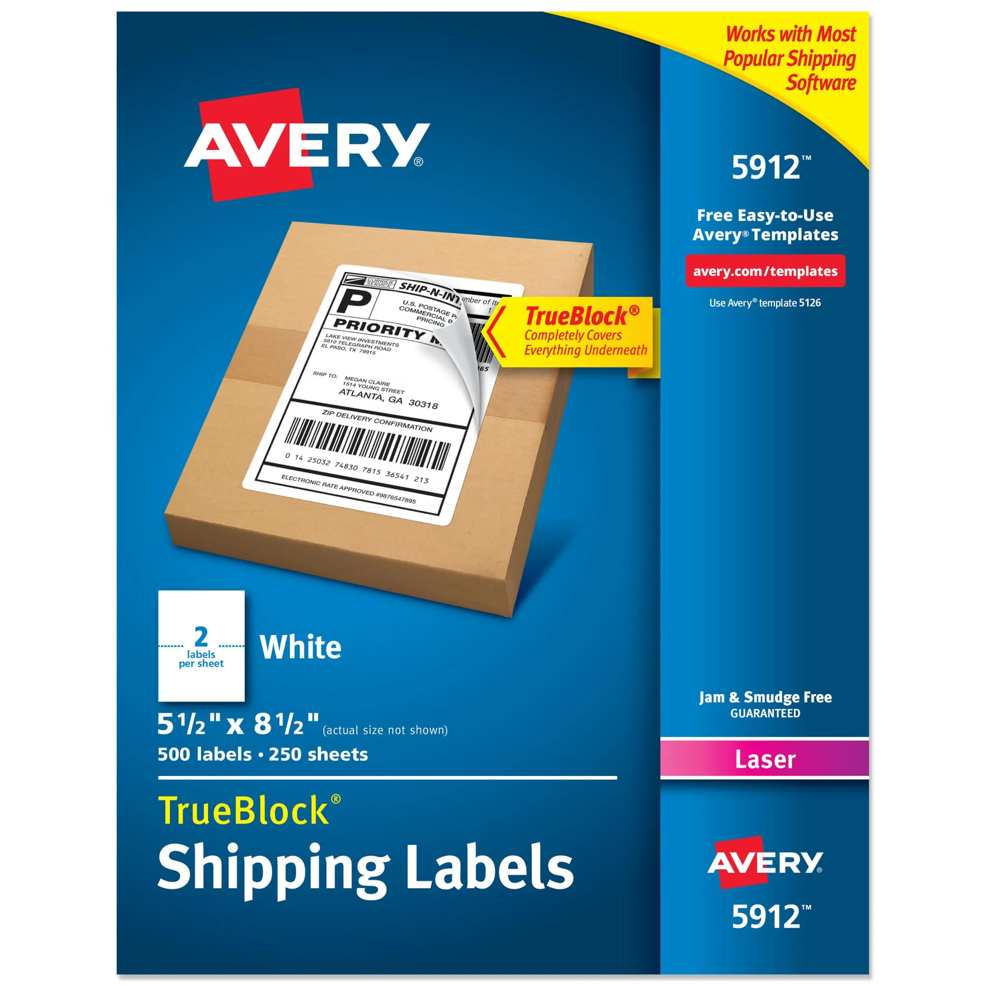 Avery Half-Sheet Printable Shipping Labels, 5.5" x 8.5", White, 500 Blank Mailing Labels, (5912)