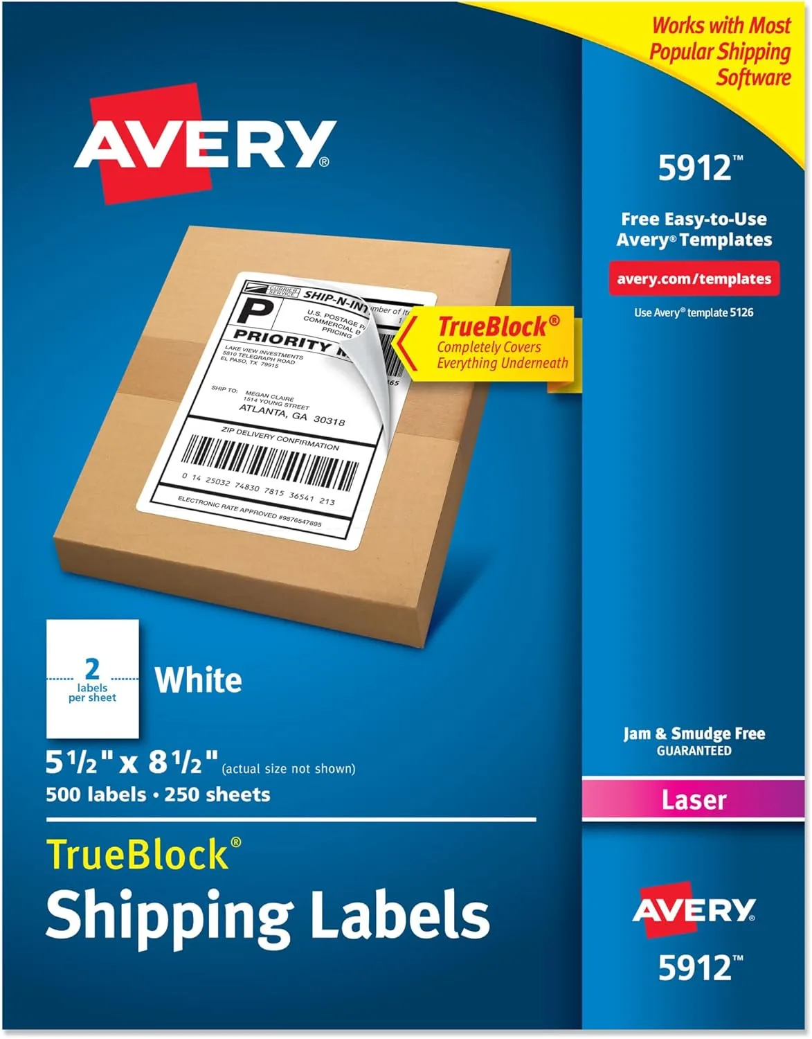 Avery Half-Sheet Printable Shipping Labels, 5.5" x 8.5", White, 500 Blank Mailing Labels, (5912)