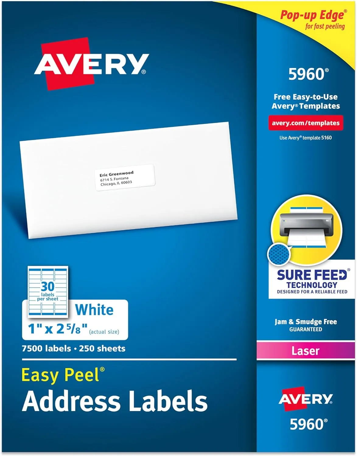 AVERY Easy Peel Address Labels with Sure Feed, 1" x 2-5/8", Matte White