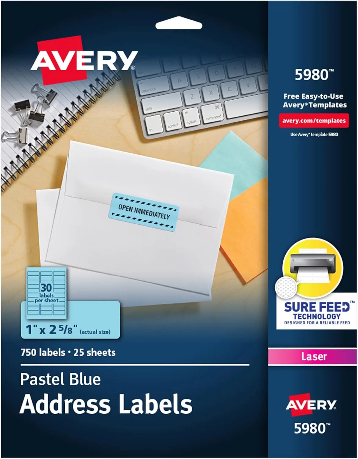 Avery Printable Address Labels with Sure Feed, 1" x 2-5/8", Pastel Blue, 750