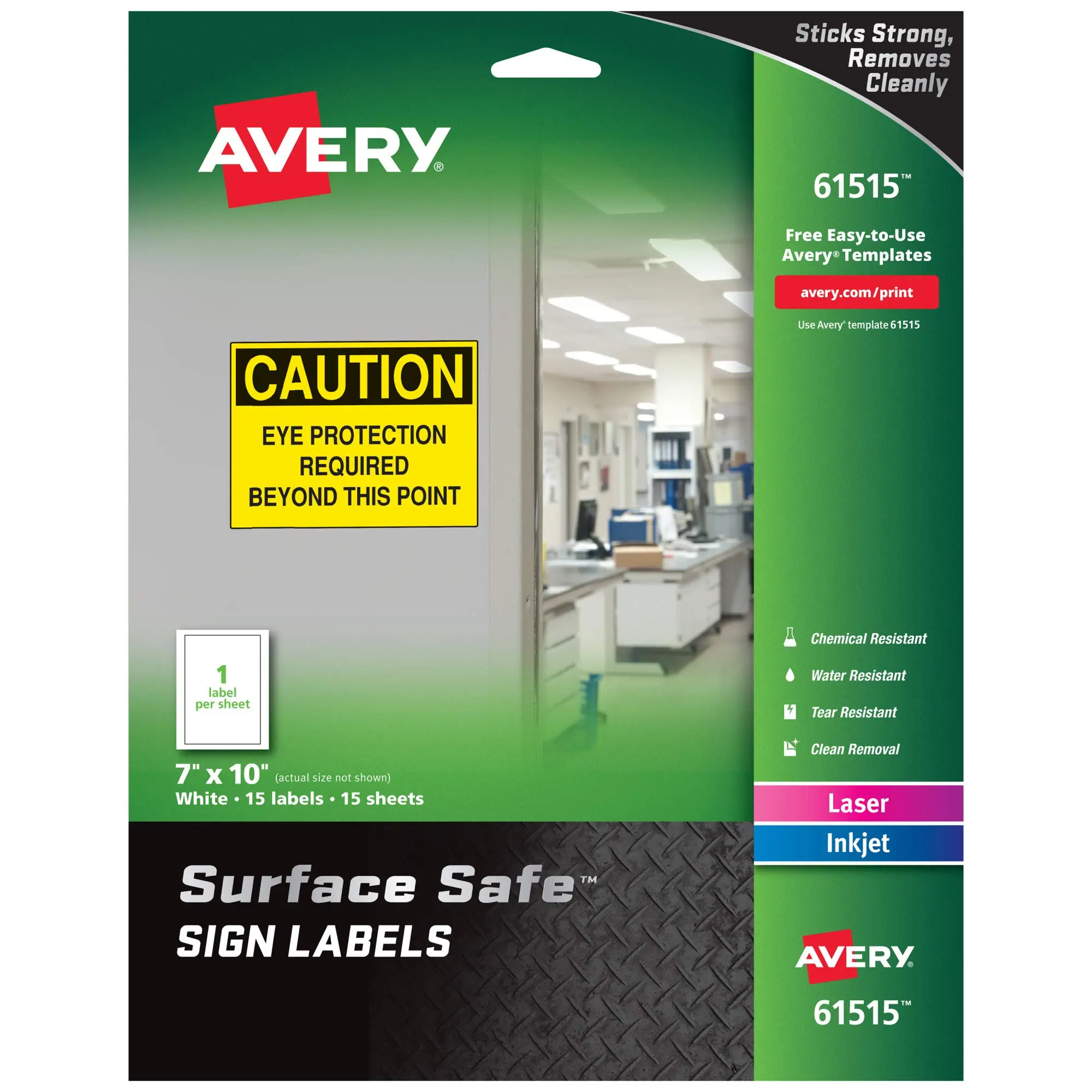 Avery Printable Warning Signs, 7" x 10", Water/Chemical Resistant, 15 Removable Labels (61515)