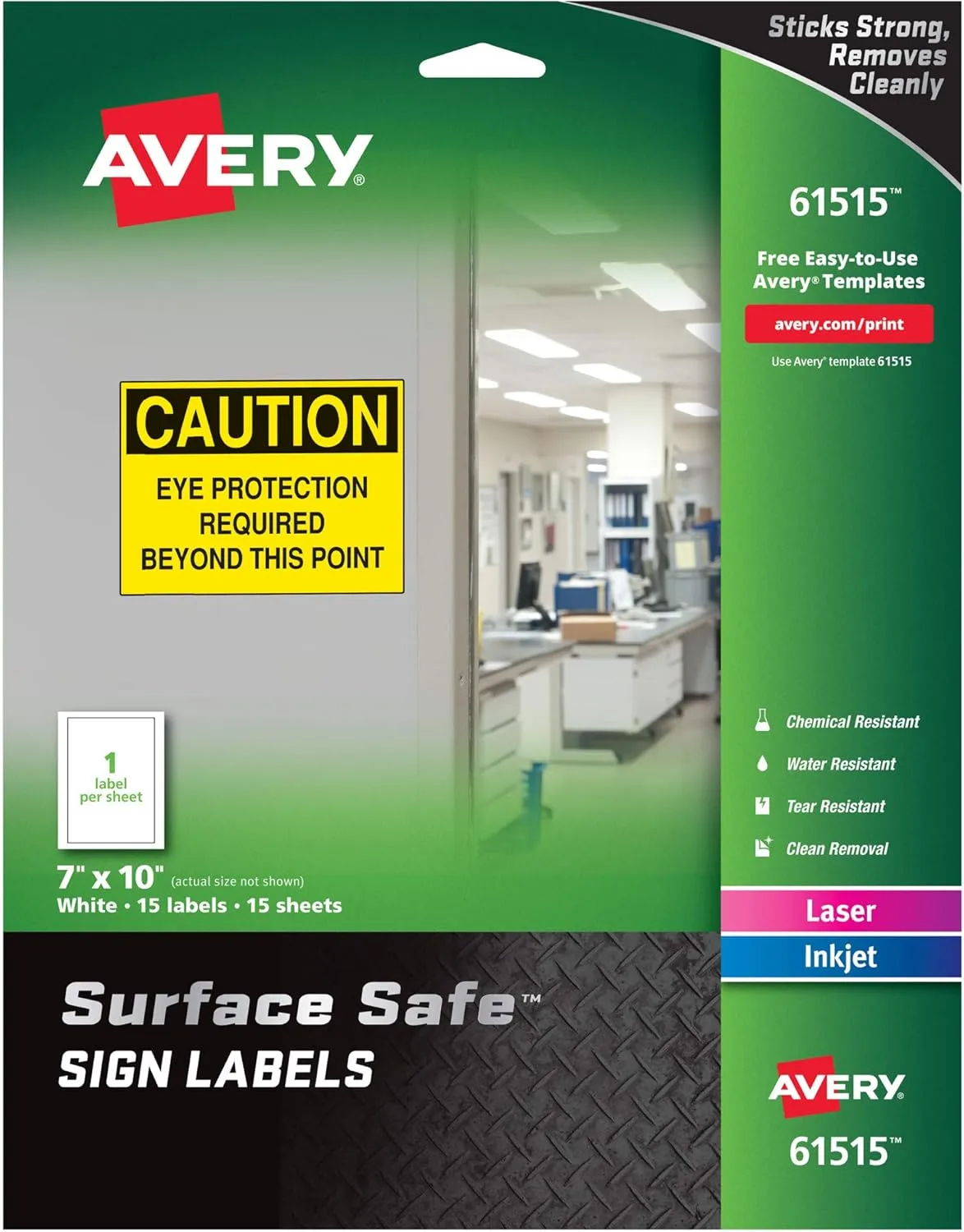 Avery Printable Warning Signs, 7" x 10", Water/Chemical Resistant, 15 Removable Labels (61515)