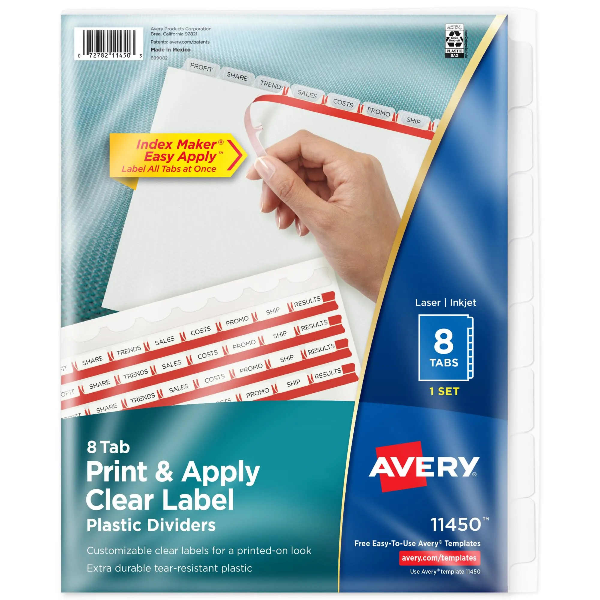 Avery 8 Tab Plastic Dividers for 3 Ring Binder, Easy Apply Clear Label Strip