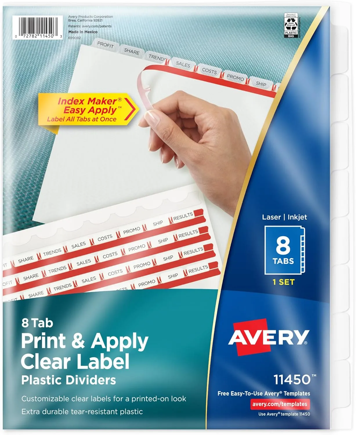 Avery 8 Tab Plastic Dividers for 3 Ring Binder, Easy Apply Clear Label Strip