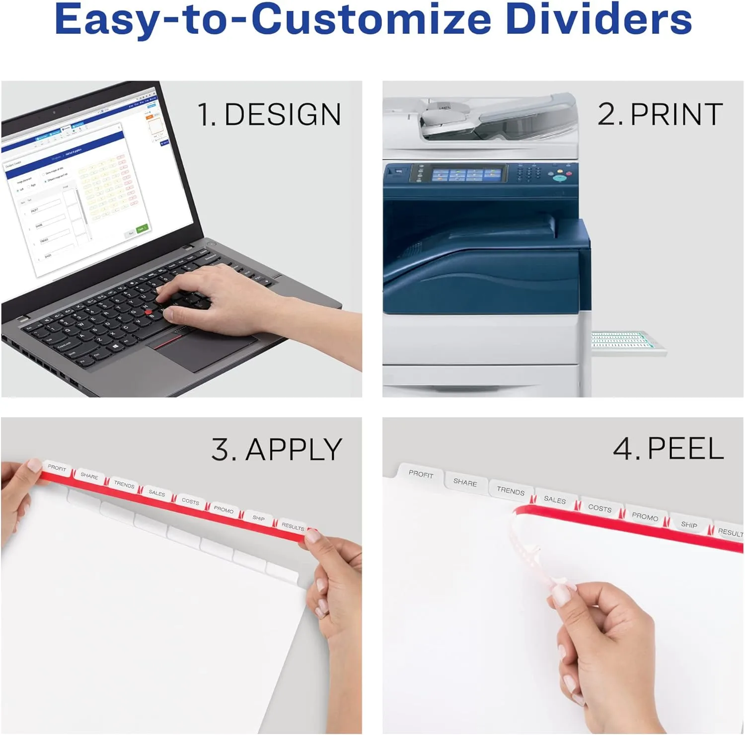 Avery 8 Tab Dividers for 3 Ring Binder, Easy Print & Apply Clear Label Strip for Copiers, Index Maker Customizable White Tabs, 5 Sets (11422)