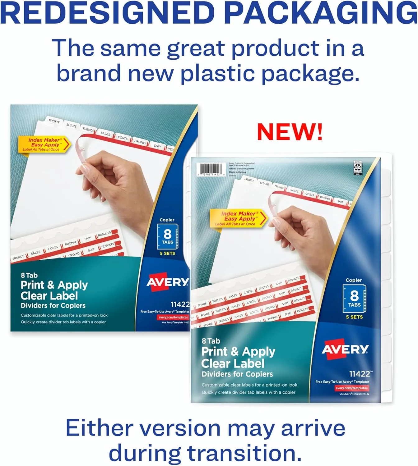 Avery 8 Tab Dividers for 3 Ring Binder, Easy Print & Apply Clear Label Strip for Copiers, Index Maker Customizable White Tabs, 5 Sets (11422)