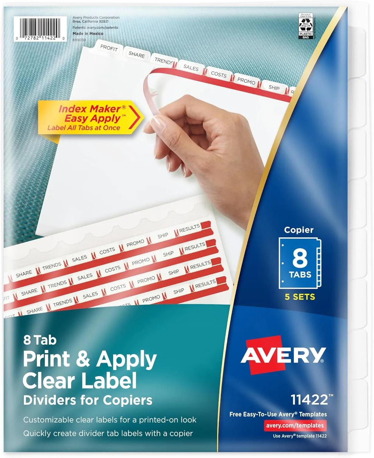 Avery 8 Tab Dividers for 3 Ring Binder, Easy Print & Apply Clear Label Strip for Copiers, Index Maker Customizable White Tabs, 5 Sets (11422)
