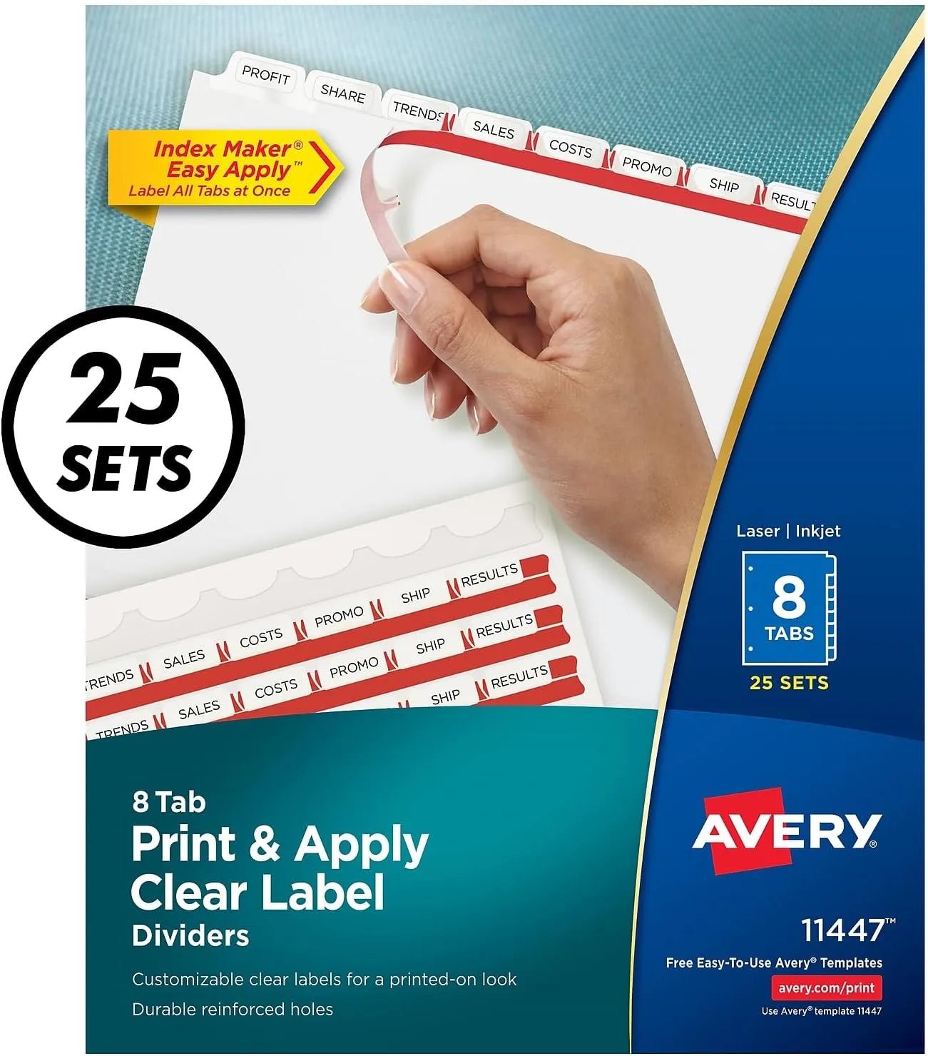 Avery Index Maker Paper Dividers with Print & Apply Label Sheets, 8 Tabs, White, 25 Sets/Pack (11447)
