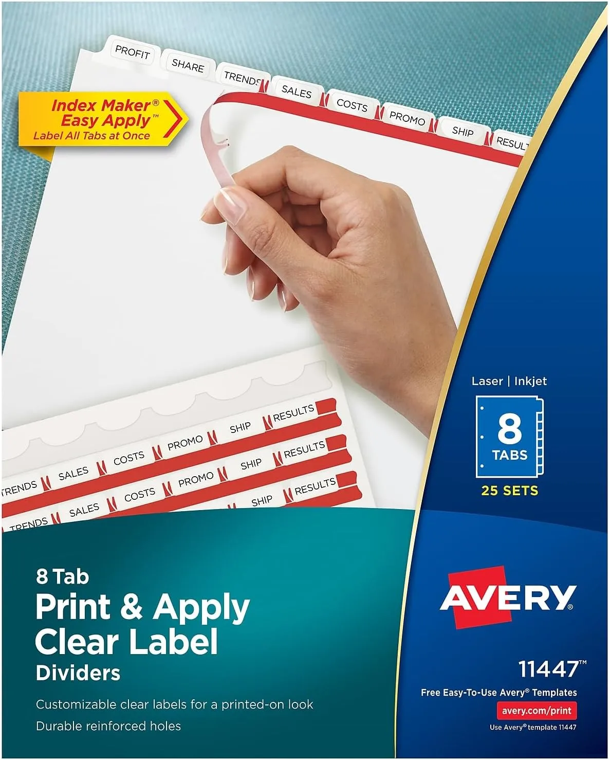 Avery Index Maker Paper Dividers with Print & Apply Label Sheets, 8 Tabs, White, 25 Sets/Pack (11447)