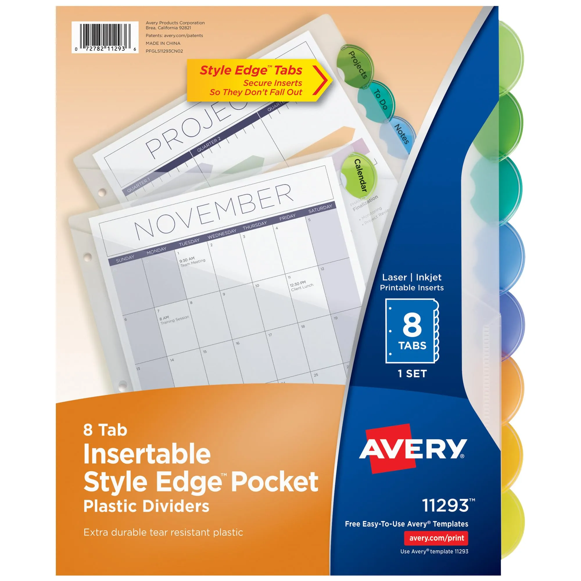 Avery Plastic 8-Tab Binder Dividers with Pockets, Style Edge Insertable Multicolor Tabs, 1 Set (11293)