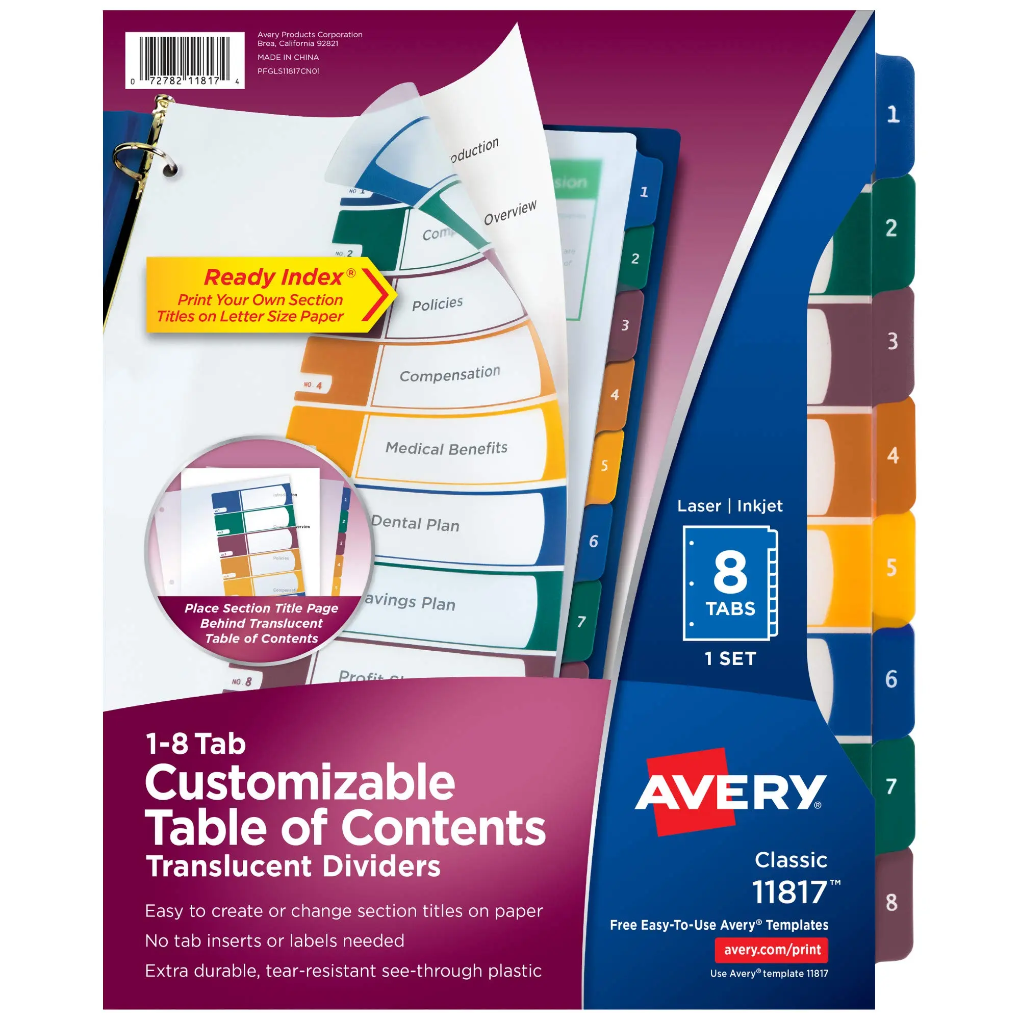 Avery Plastic 8 Tab Binder Dividers, Customizable Table of Contents, Multicolor Tabs, 1 Set (11817)