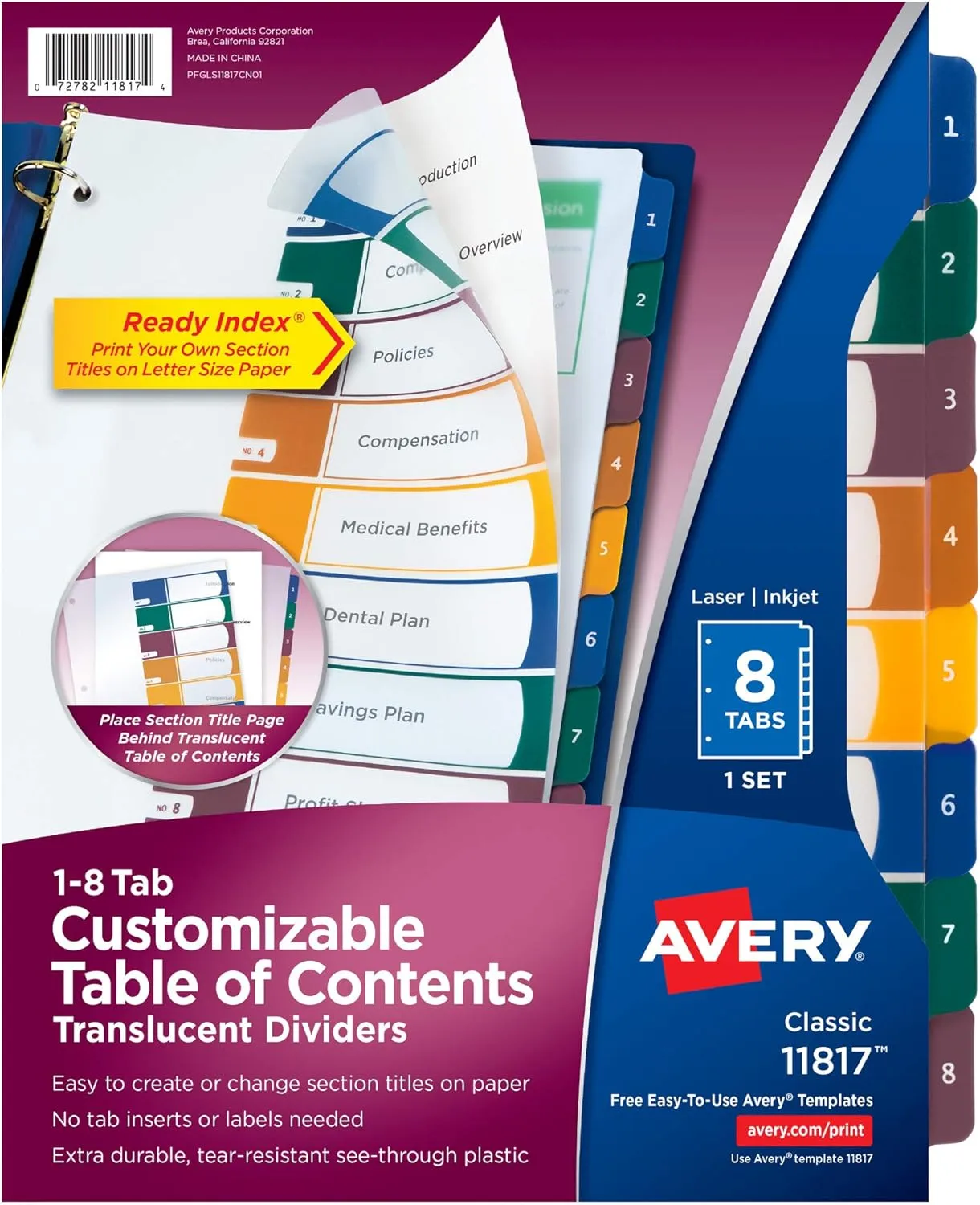 Avery Plastic 8 Tab Binder Dividers, Customizable Table of Contents, Multicolor Tabs, 1 Set (11817)
