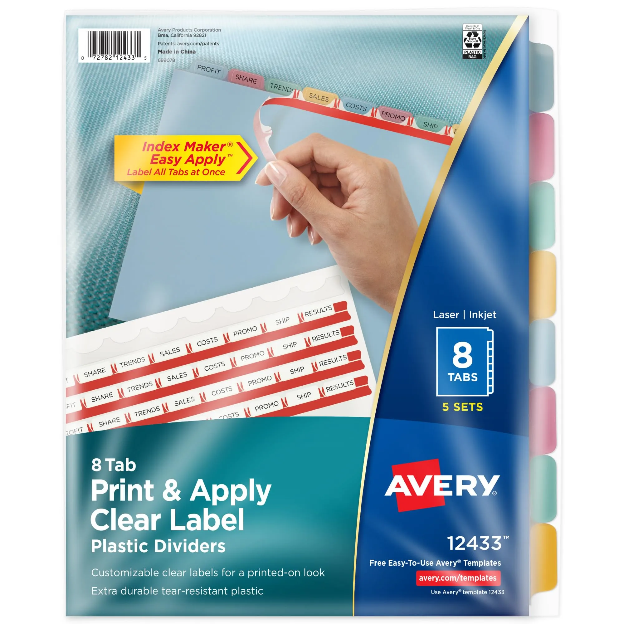 Avery 8 Tab Plastic Dividers for 3 Ring Binder, Easy Apply Clear Label Strip
