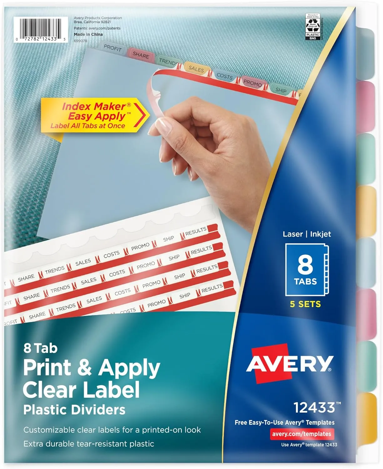 Avery 8 Tab Plastic Dividers for 3 Ring Binder, Easy Apply Clear Label Strip