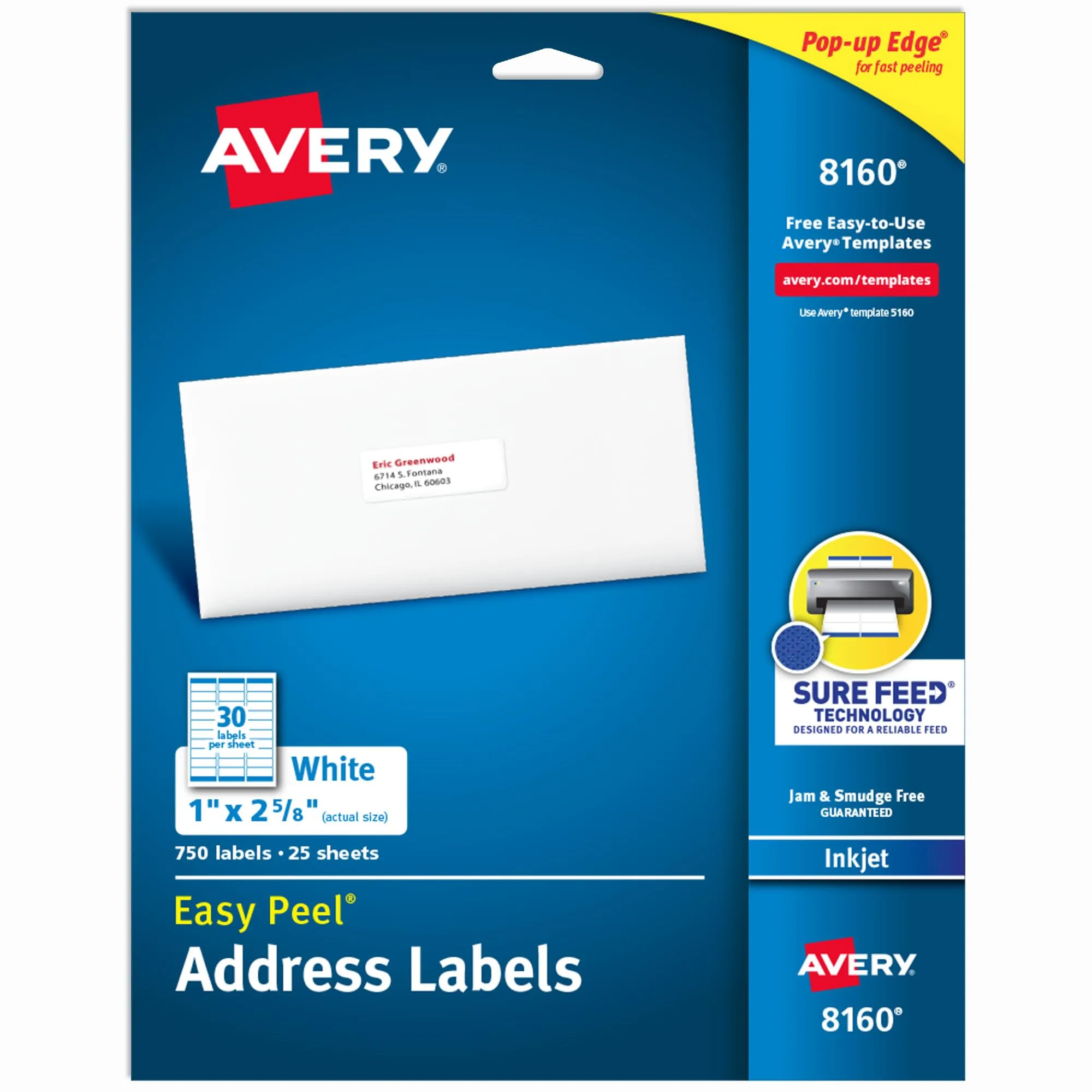 Avery Easy Peel Address Labels with Sure Feed, 1" x 2-5/8", White, 750 Labels (8160)