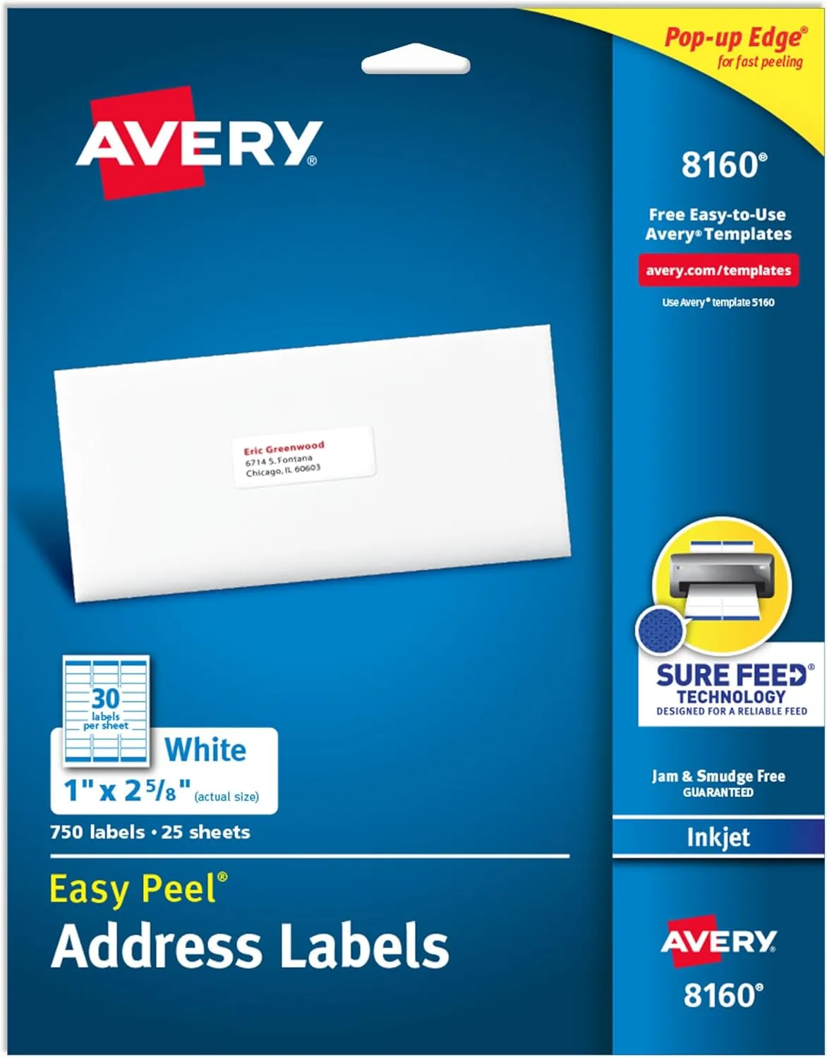 Avery Easy Peel Address Labels with Sure Feed, 1" x 2-5/8", White, 750 Labels (8160)