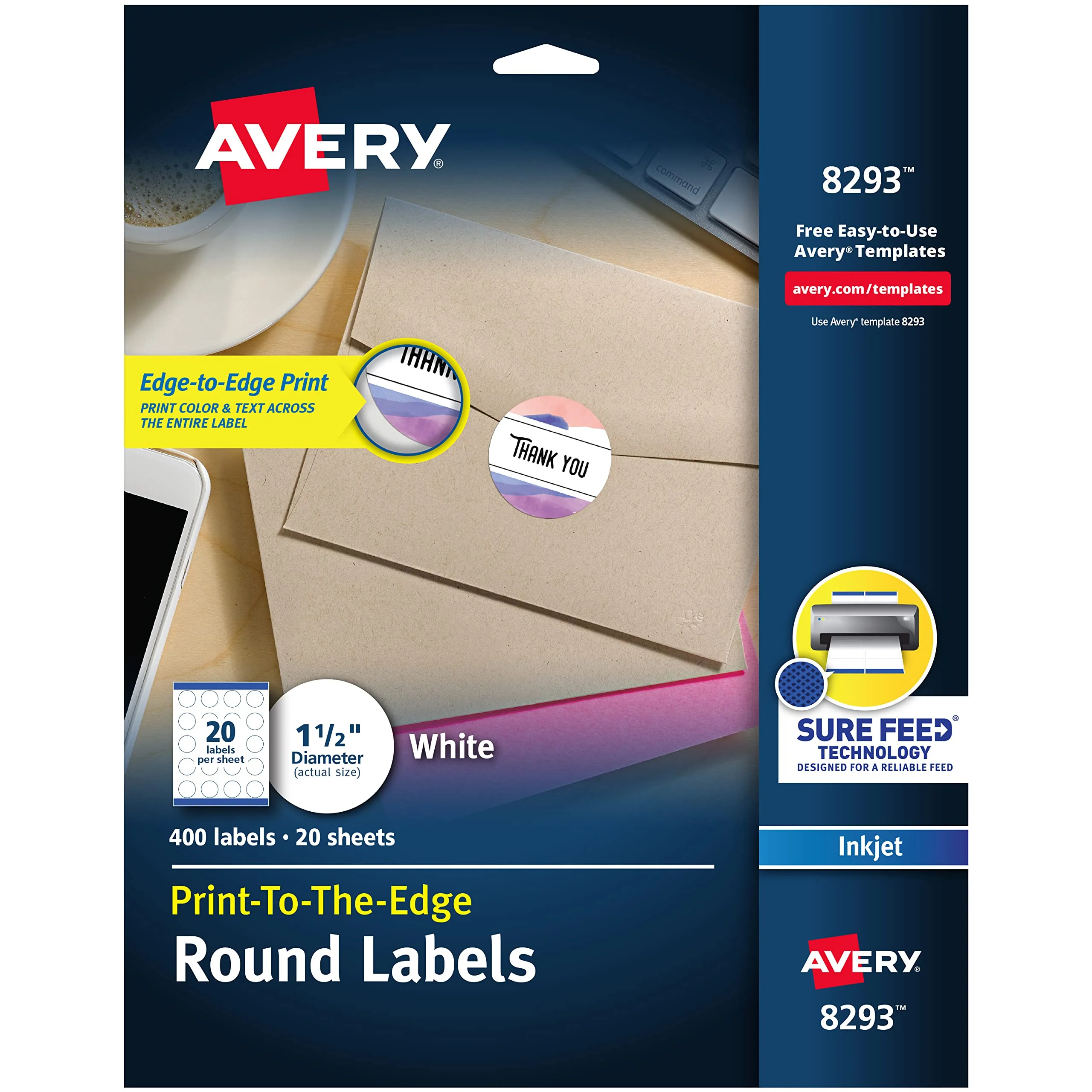 Avery Matte White Round Labels, Sure Feed Technology, 1-1/2in, 400 Labels (8293)