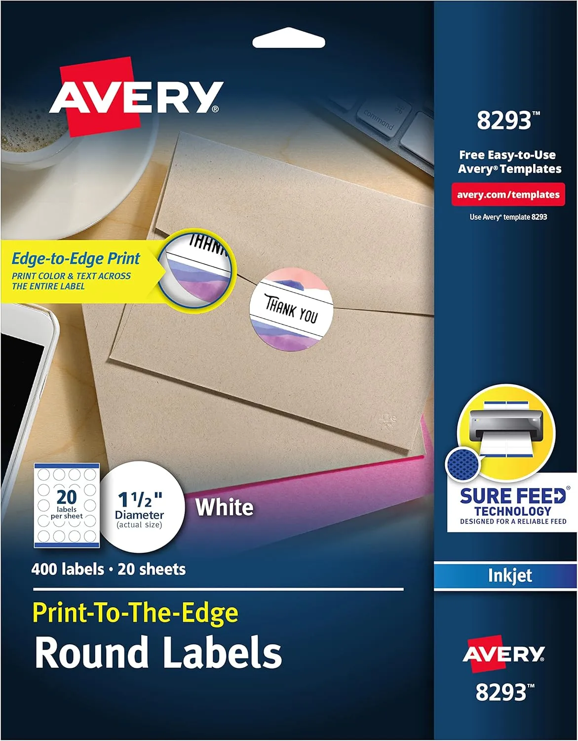 Avery Matte White Round Labels, Sure Feed Technology, 1-1/2in, 400 Labels (8293)