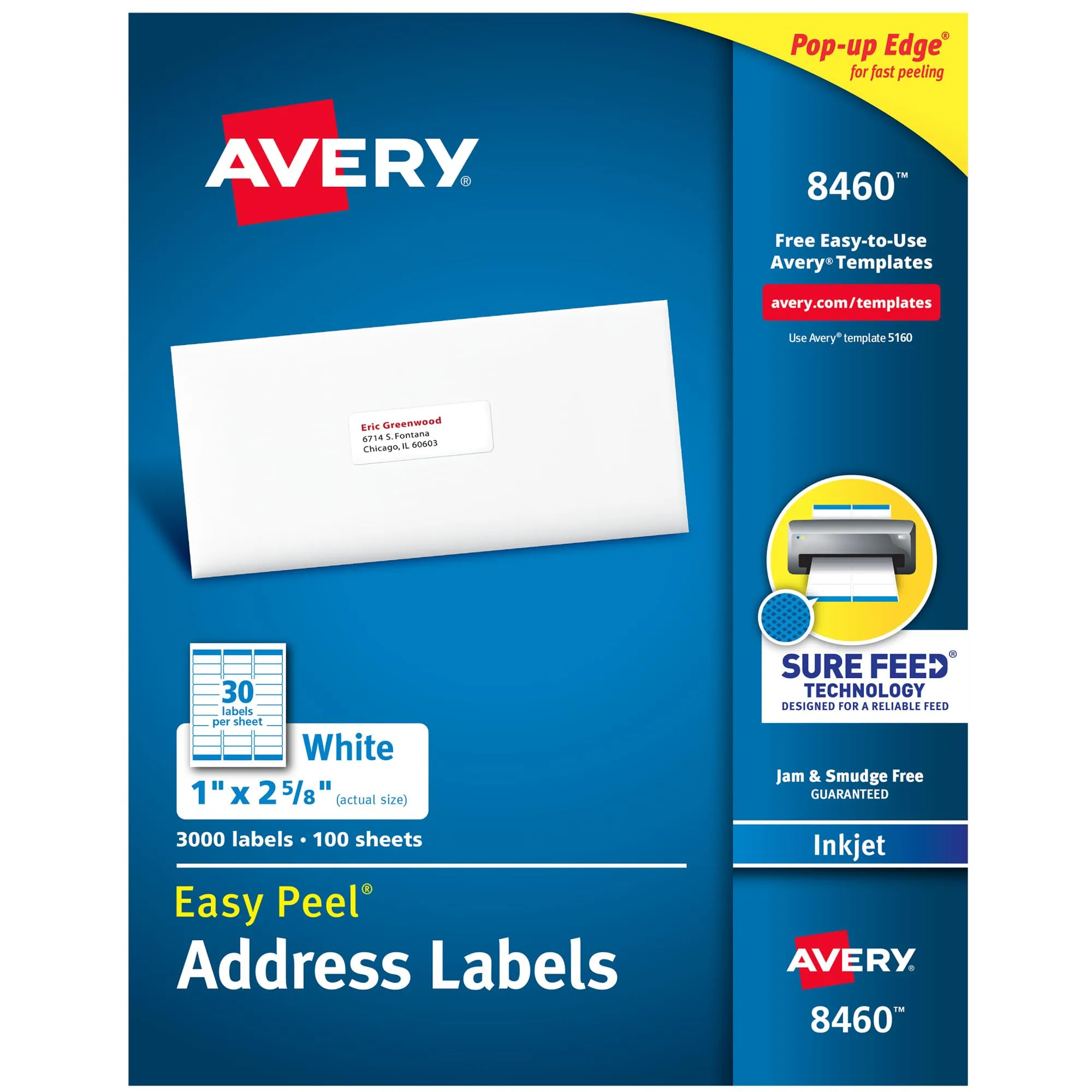 Avery Easy Peel Printable Address Labels with Sure Feed, 1" x 2-5/8", 3,000 Blank Mailing Labels, Great for Mailing, Shipping, and More (8460) 1 Pack