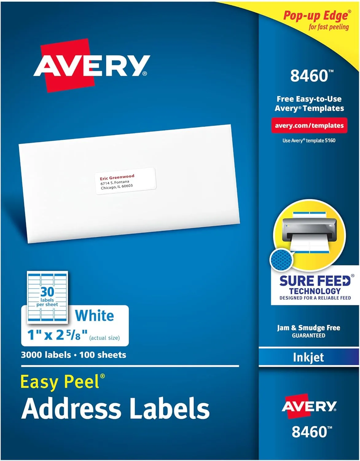 Avery Easy Peel Printable Address Labels with Sure Feed, 1" x 2-5/8", 3,000 Blank Mailing Labels, Great for Mailing, Shipping, and More (8460) 1 Pack