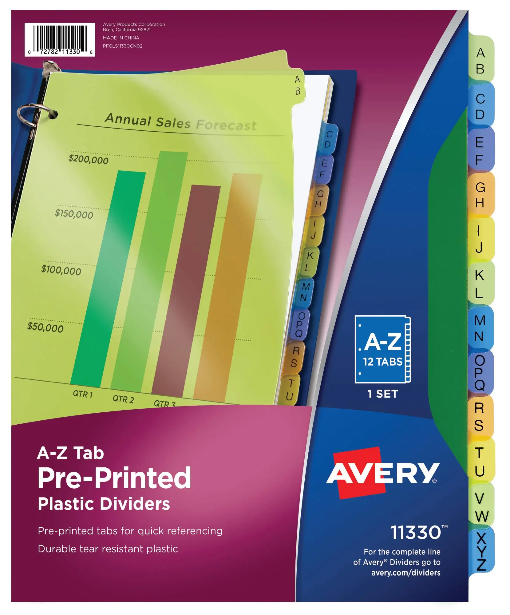 Avery Plastic A-Z 12-Tab Dividers for 3 Ring Binders, Pre-Printed Multicolor Tabs, 1 Set (11330)