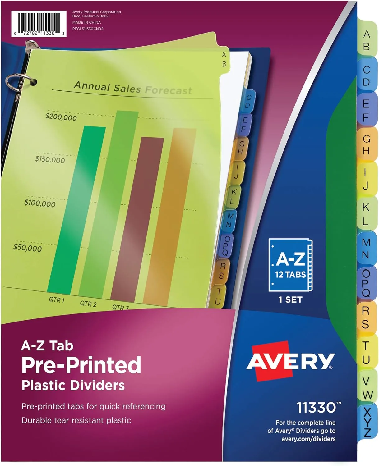 Avery Plastic A-Z 12-Tab Dividers for 3 Ring Binders, Pre-Printed Multicolor Tabs, 1 Set (11330)