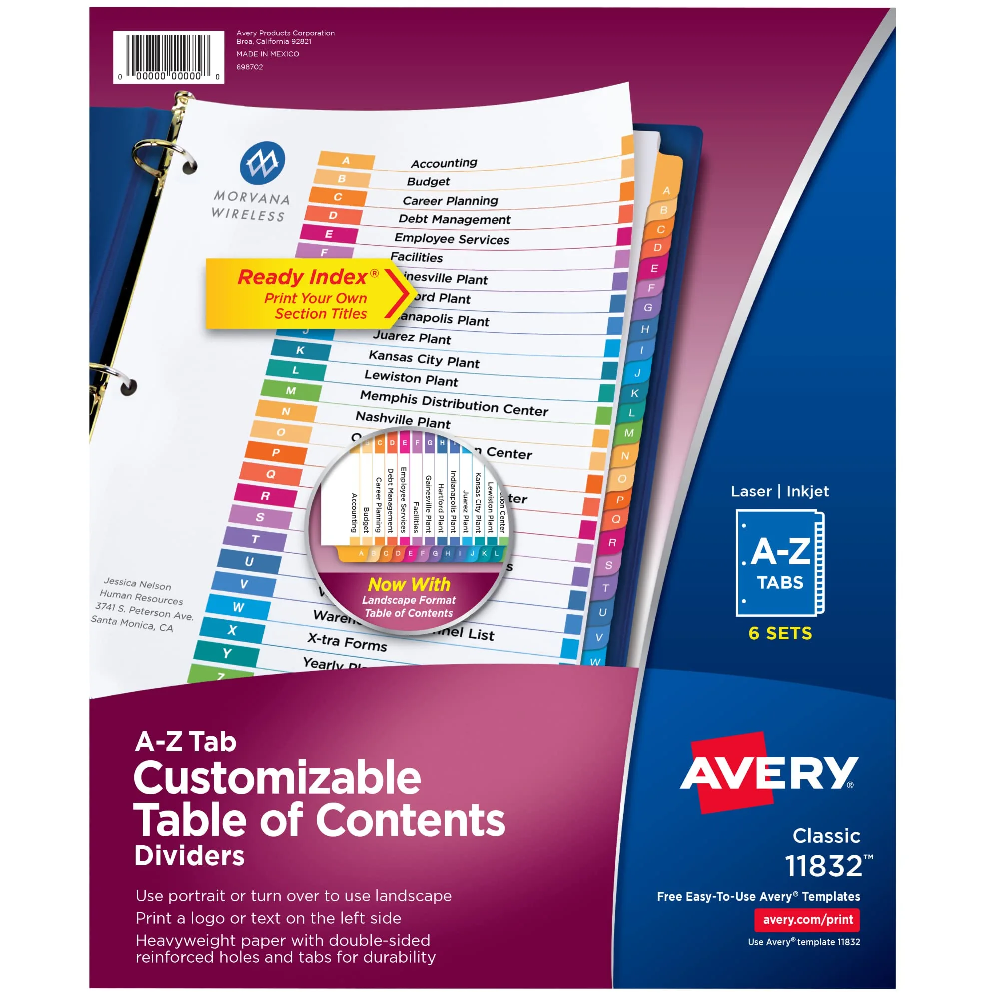 Avery A-Z 26 Tab Dividers, 6 Sets (11832) Multicolor 8.5 x 11