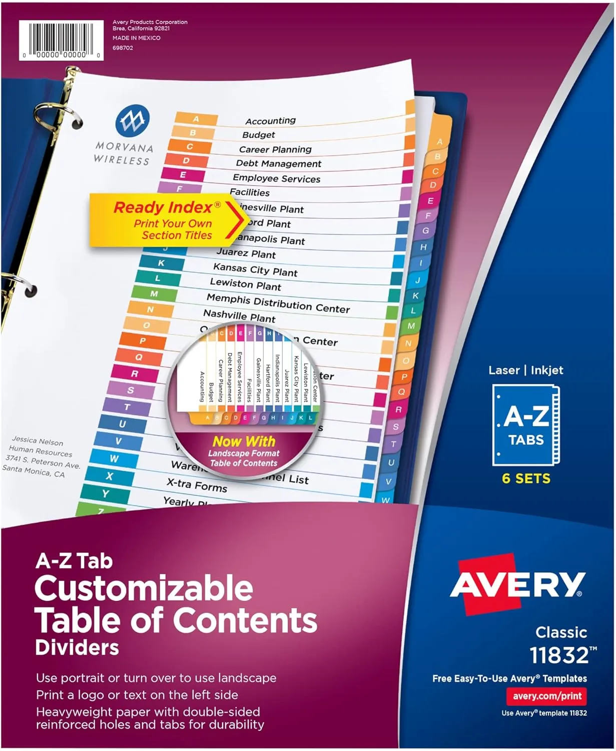 Avery A-Z 26 Tab Dividers, 6 Sets (11832) Multicolor 8.5 x 11
