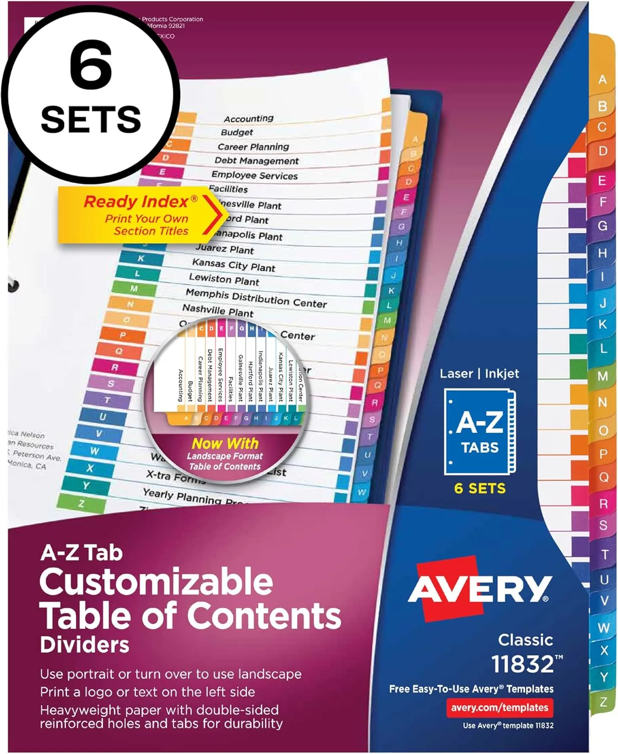 Avery A-Z 26 Tab Dividers, 6 Sets (11832) Multicolor 8.5 x 11