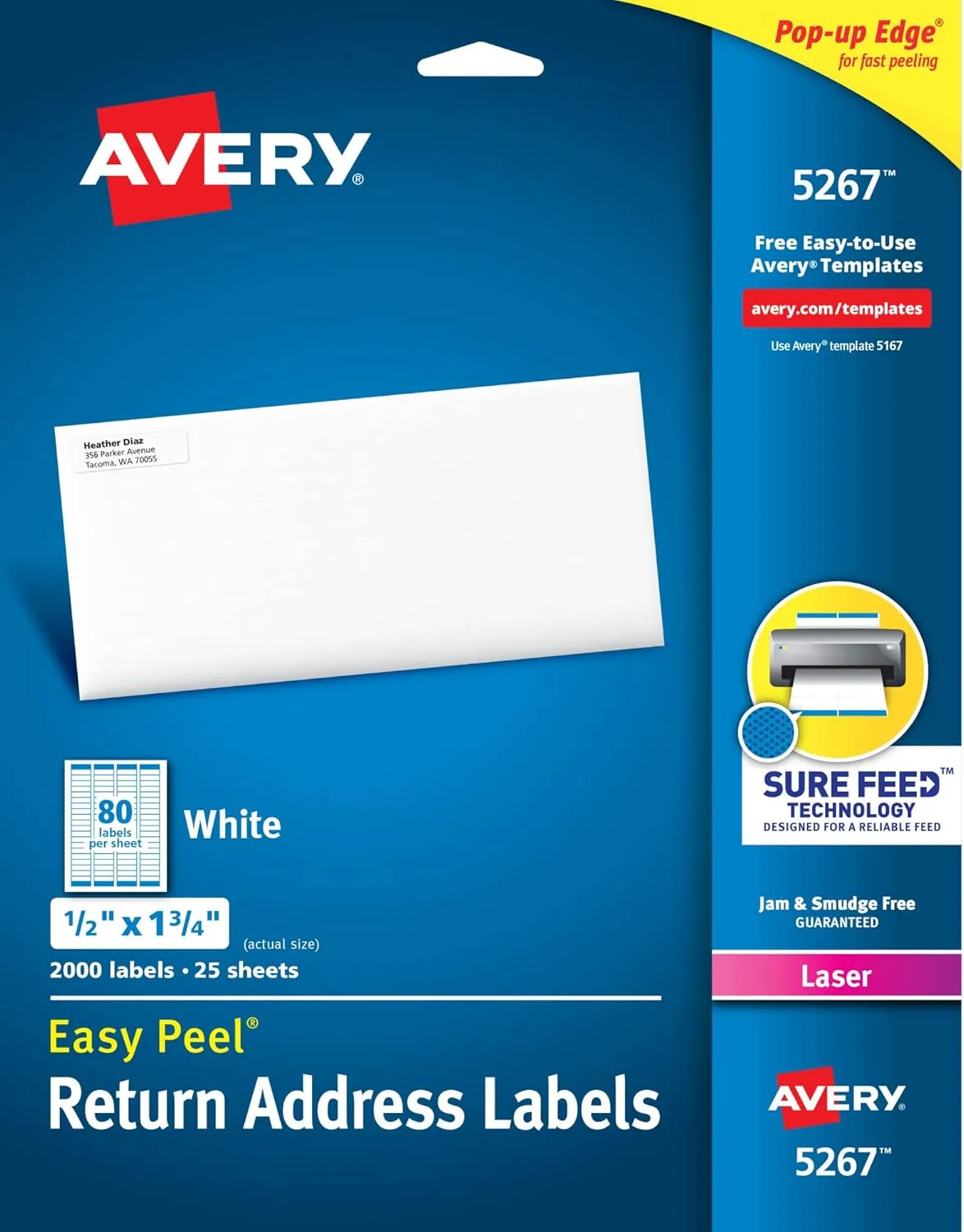 Avery Printable Return Address Labels with Sure Feed, 0.5" x 1.75", White, 2,000 Blank Mailing Labels (05267) 1/2" x 1 3/4" 2,000 labels