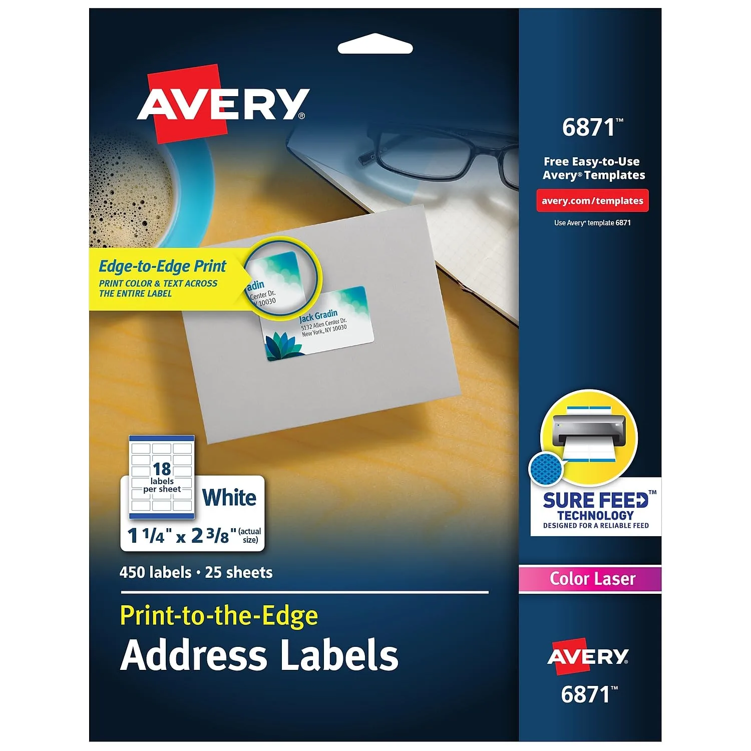 Avery Print-To-The-Edge Permanent Address Laser Labels, 6871 — 1-1/4 x 2-3/8, White, 450 Pack