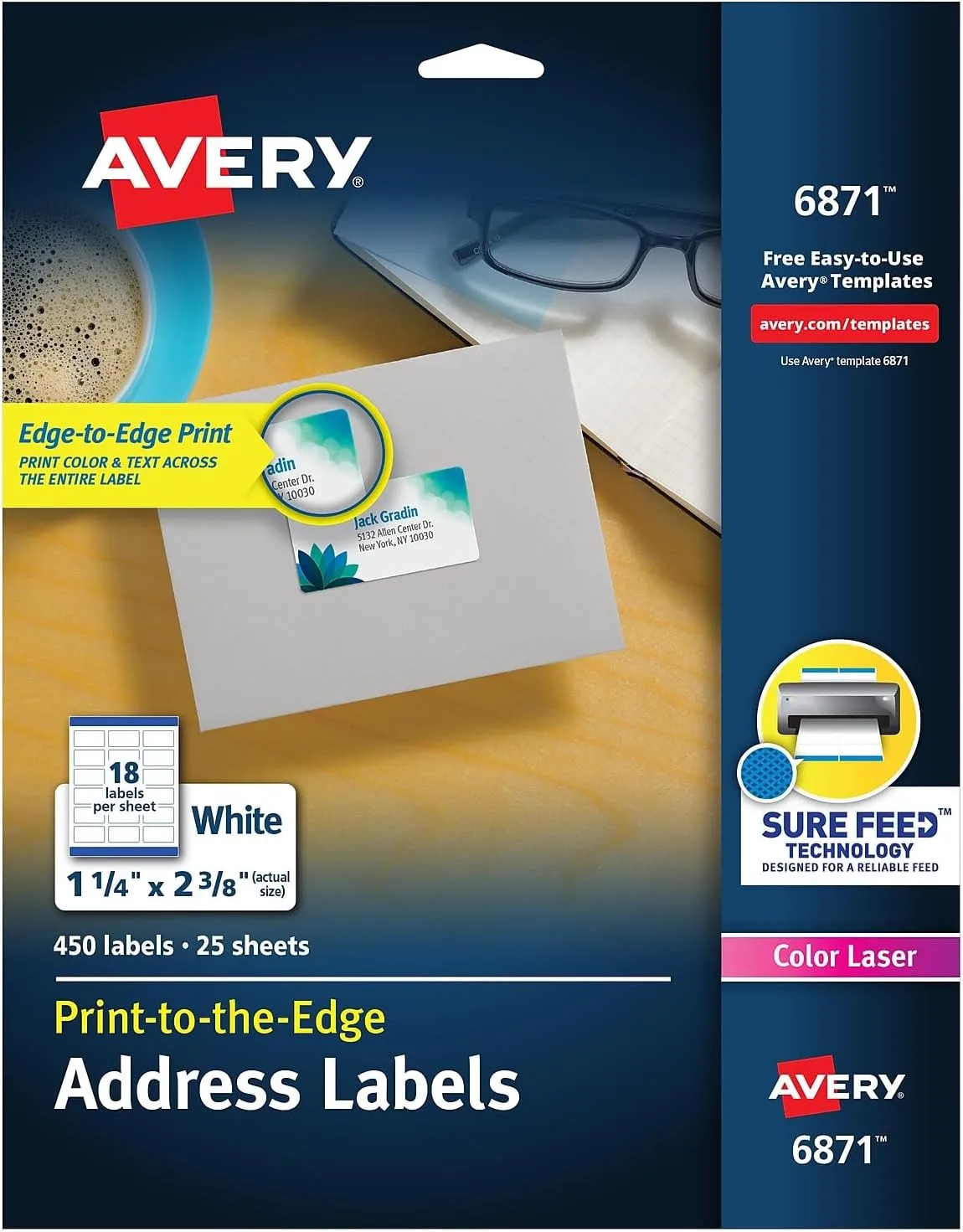 Avery Print-To-The-Edge Permanent Address Laser Labels, 6871 — 1-1/4 x 2-3/8, White, 450 Pack