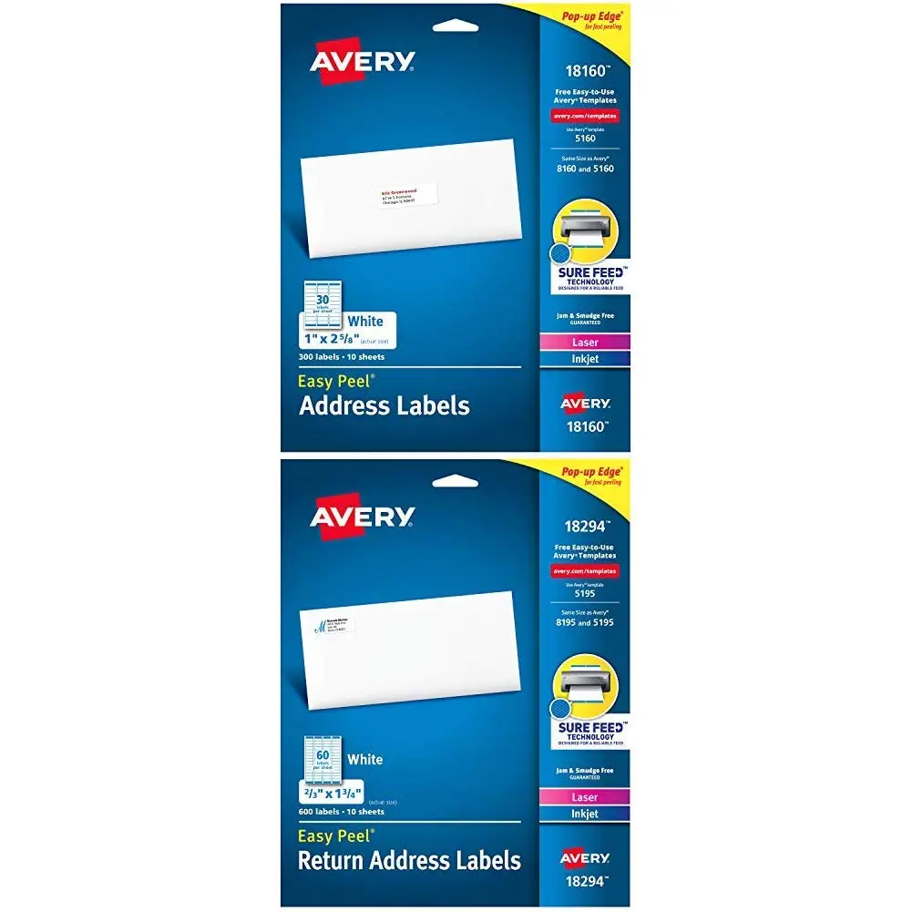 Avery Easy Peel Address Labels, 1 x 2-5/8 in, Matte White, 300 Labels