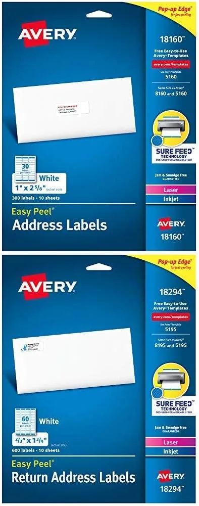 Avery Easy Peel Address Labels, 1 x 2-5/8 in, Matte White, 300 Labels